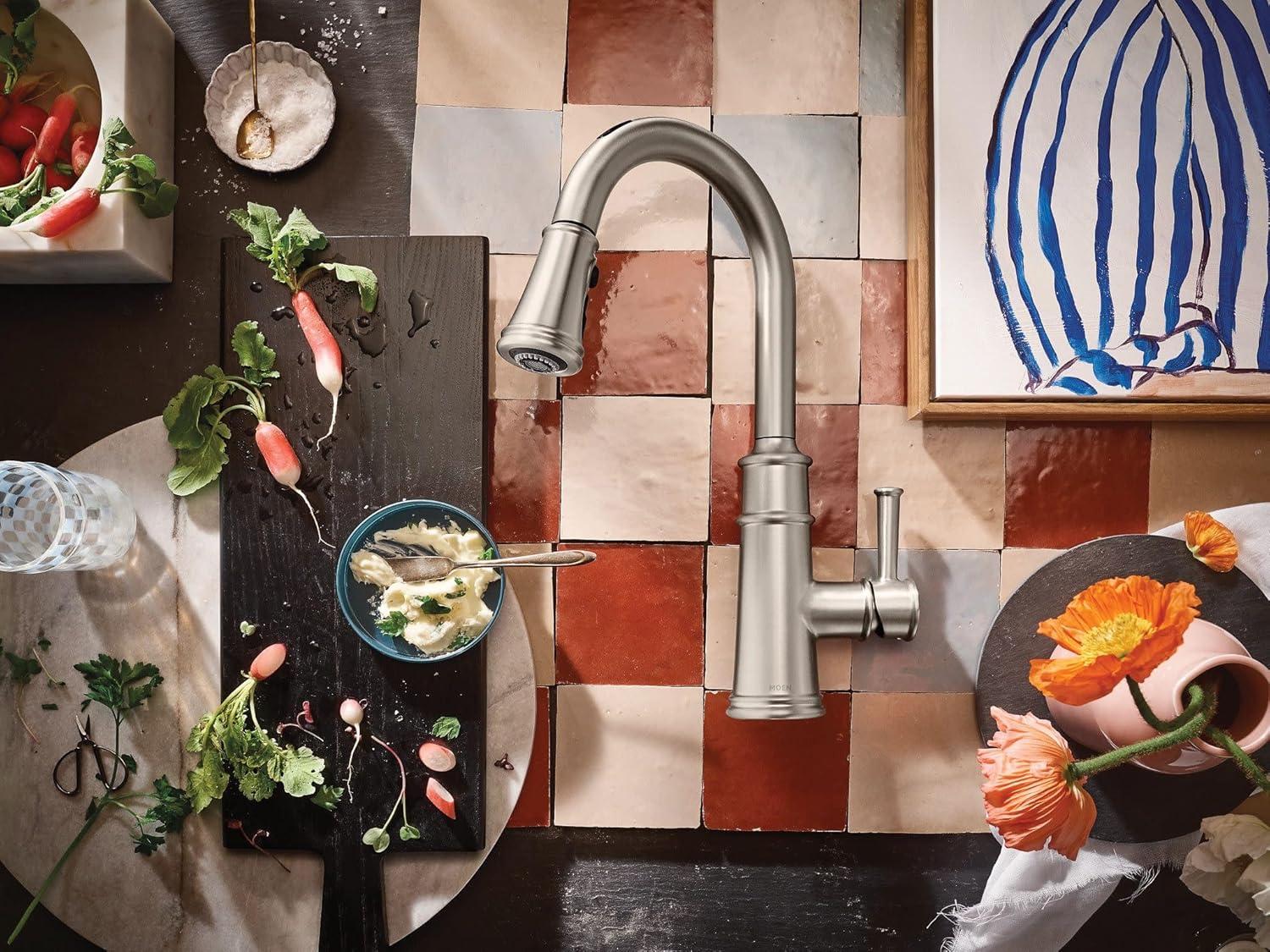 image:imageMoen 7260EVSRS Belfield Smart Faucet Touchless Pull Down Sprayer Kitchen Faucet with Voice Control and Power Boost Spot Resist Stainless