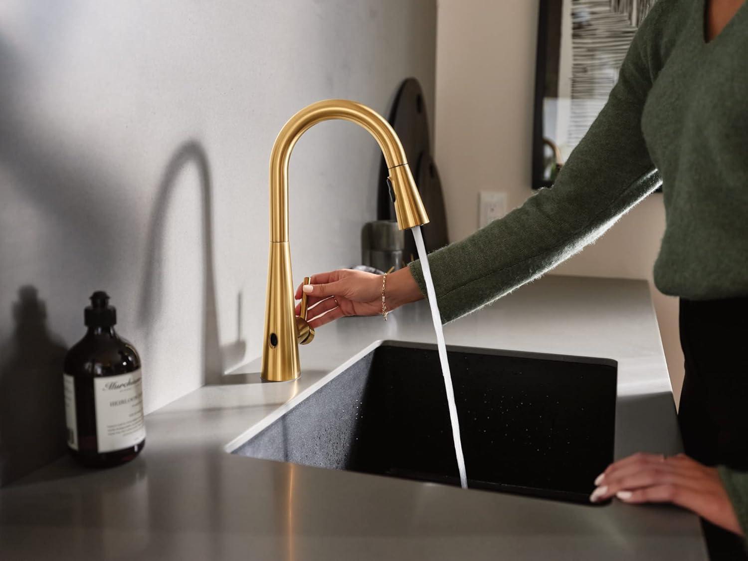 image:imageMoen 7864EVC Sleek Smart Faucet Touchless Pull Down Sprayer Kitchen Faucet with Voice Control and Power Boost ChromeBrushed Gold