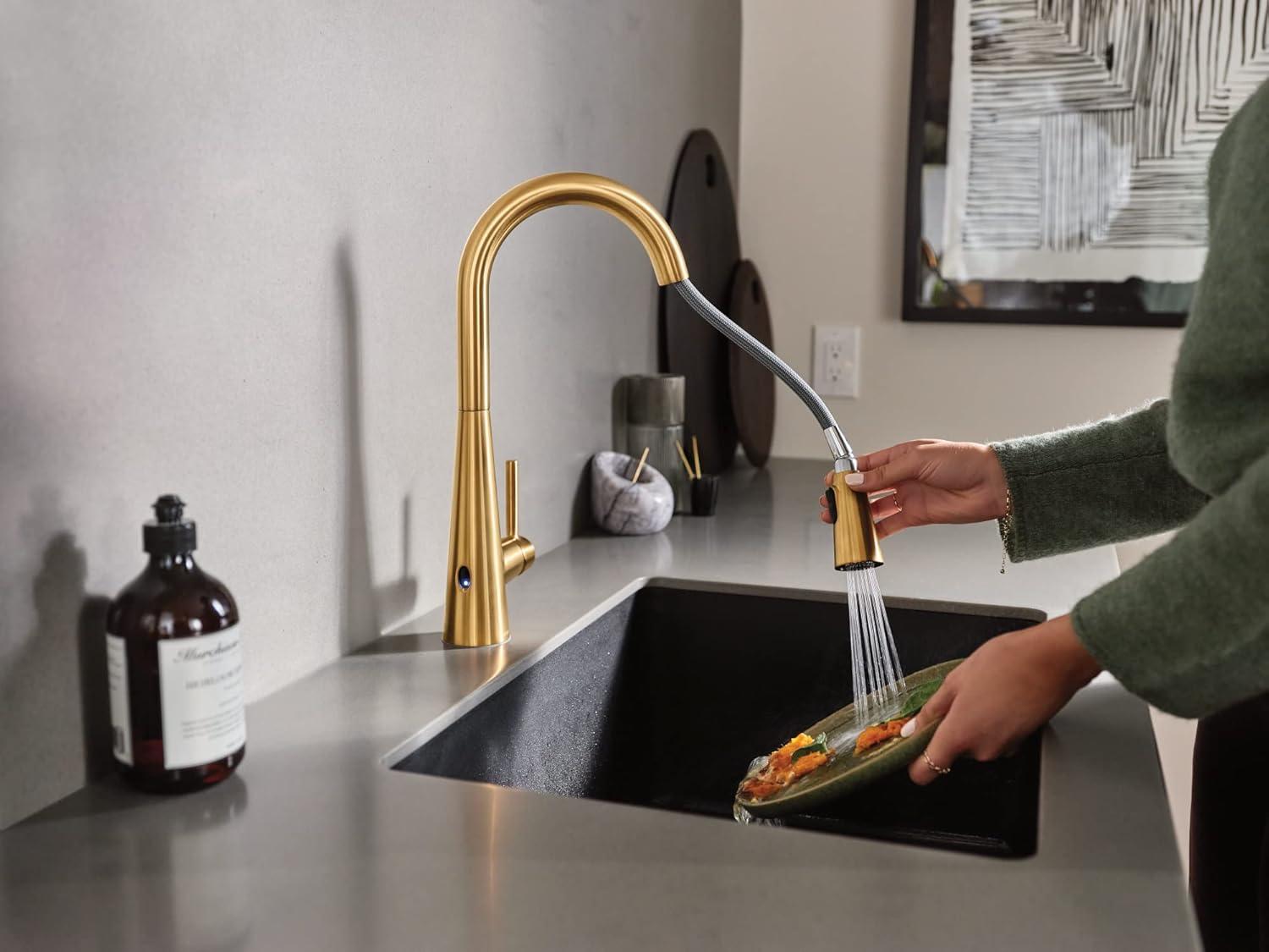 image:imageMoen 7864EVC Sleek Smart Faucet Touchless Pull Down Sprayer Kitchen Faucet with Voice Control and Power Boost ChromeBrushed Gold