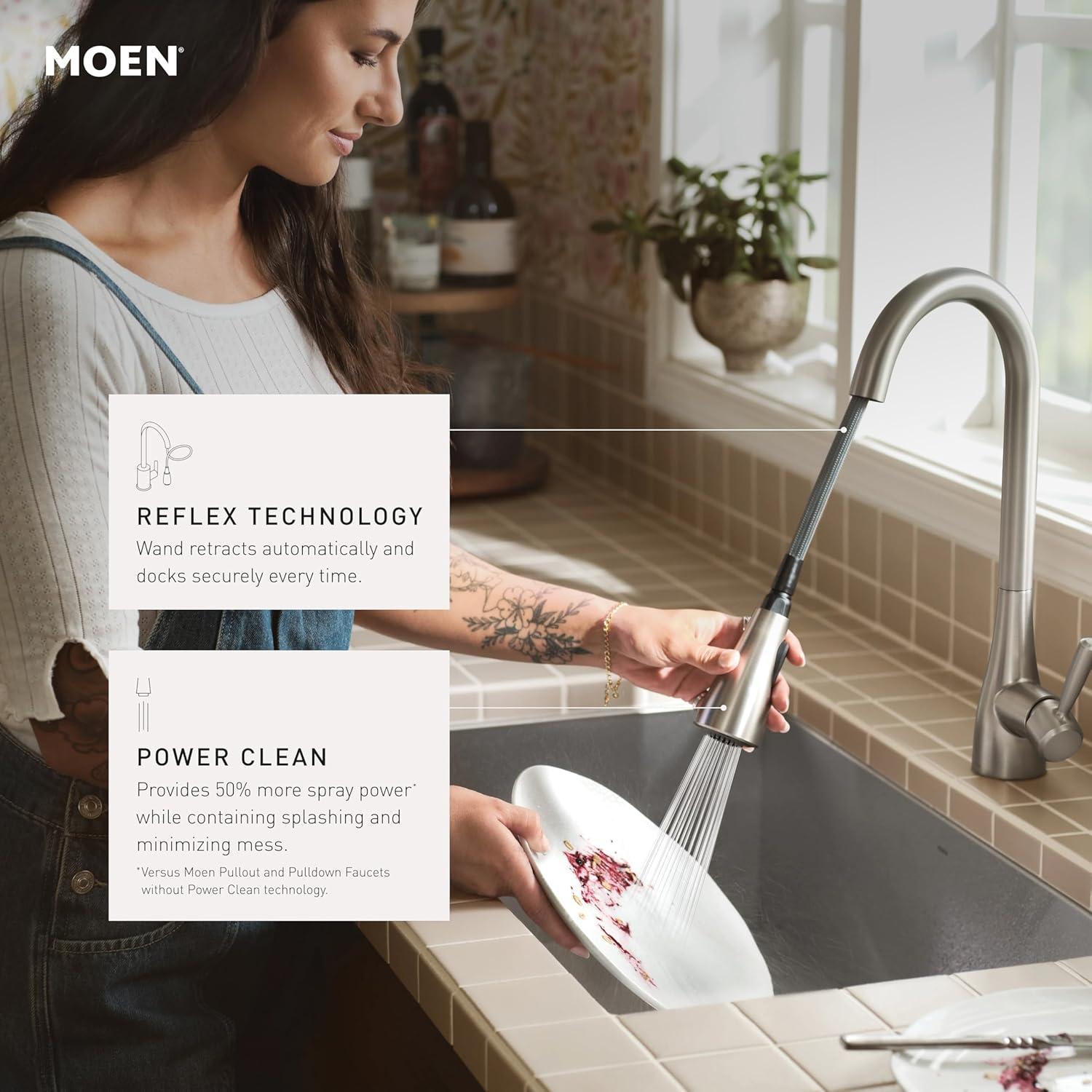 image:imageMoen 7864EVC Sleek Smart Faucet Touchless Pull Down Sprayer Kitchen Faucet with Voice Control and Power Boost ChromeChrome