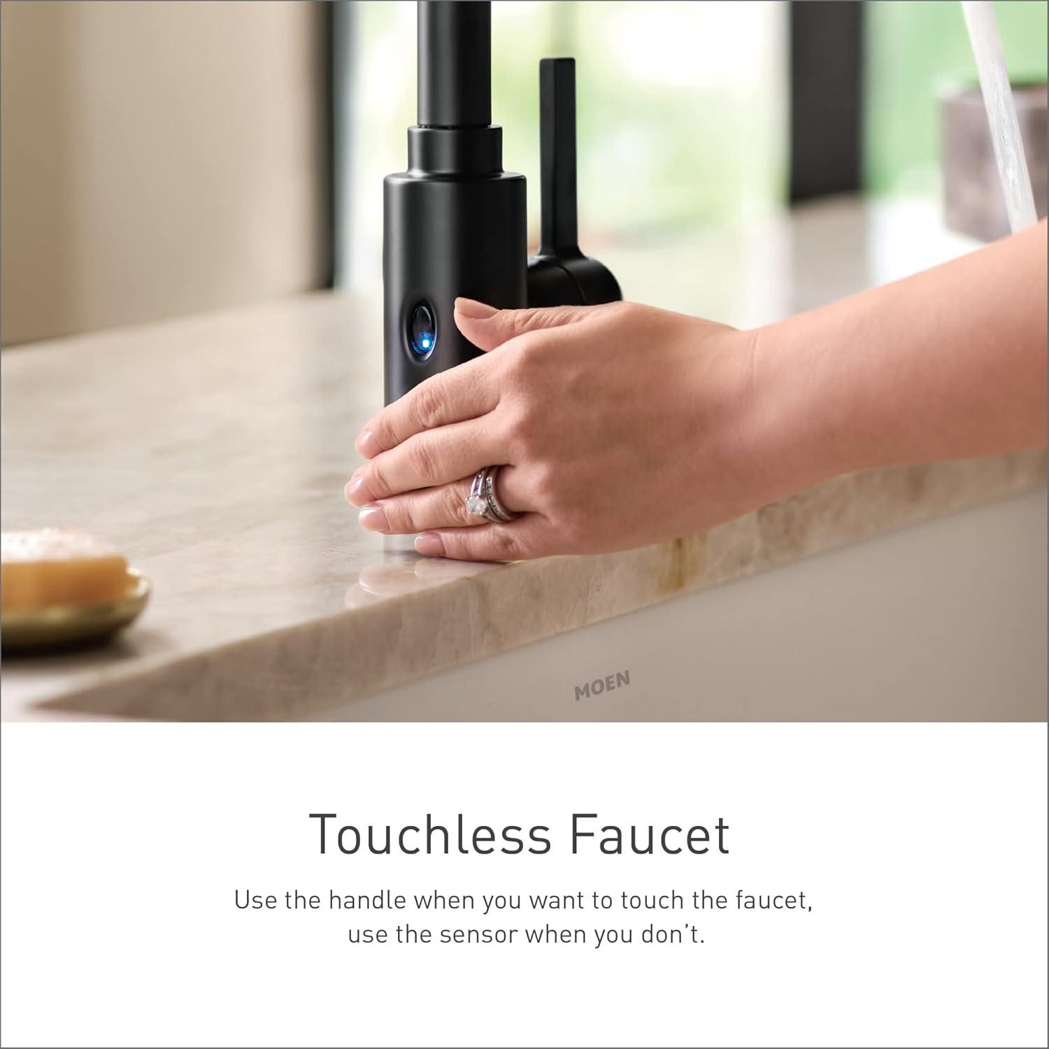 image:imageMoen 7864EVC Sleek Smart Faucet Touchless Pull Down Sprayer Kitchen Faucet with Voice Control and Power Boost ChromeMatte Black