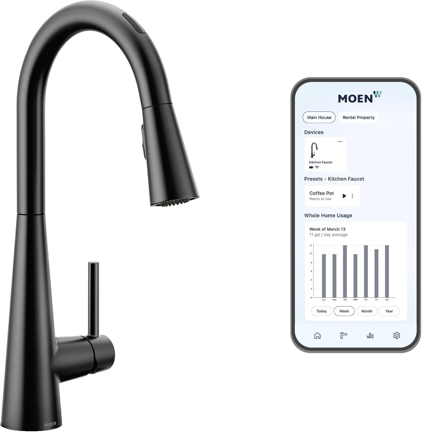 image:imageMoen 7864EVC Sleek Smart Faucet Touchless Pull Down Sprayer Kitchen Faucet with Voice Control and Power Boost ChromeMatte Black