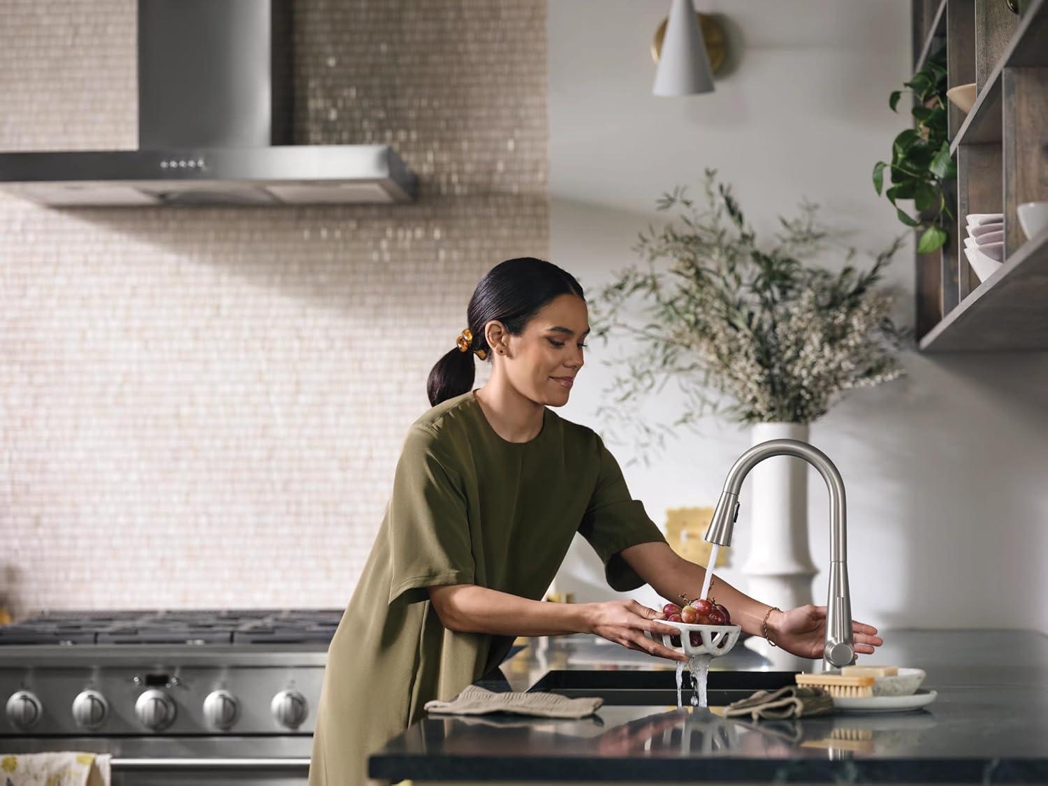 image:imageMoen 7864EVC Sleek Smart Faucet Touchless Pull Down Sprayer Kitchen Faucet with Voice Control and Power Boost ChromeSpot Resist Stainless