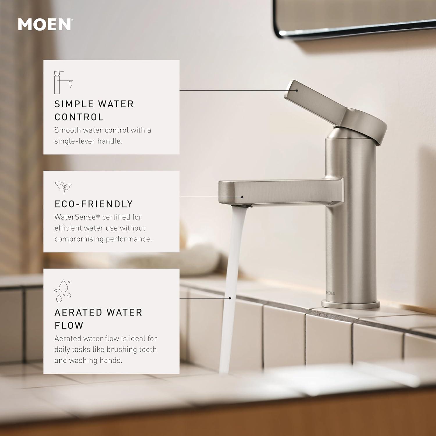 image:imageMoen Beric Matte Black Modern OneHandle Single Hole Bathroom Faucet with Drain Assembly and Optional Deckplate for Your Bath Sink 84774BLSpot Resist Nickel