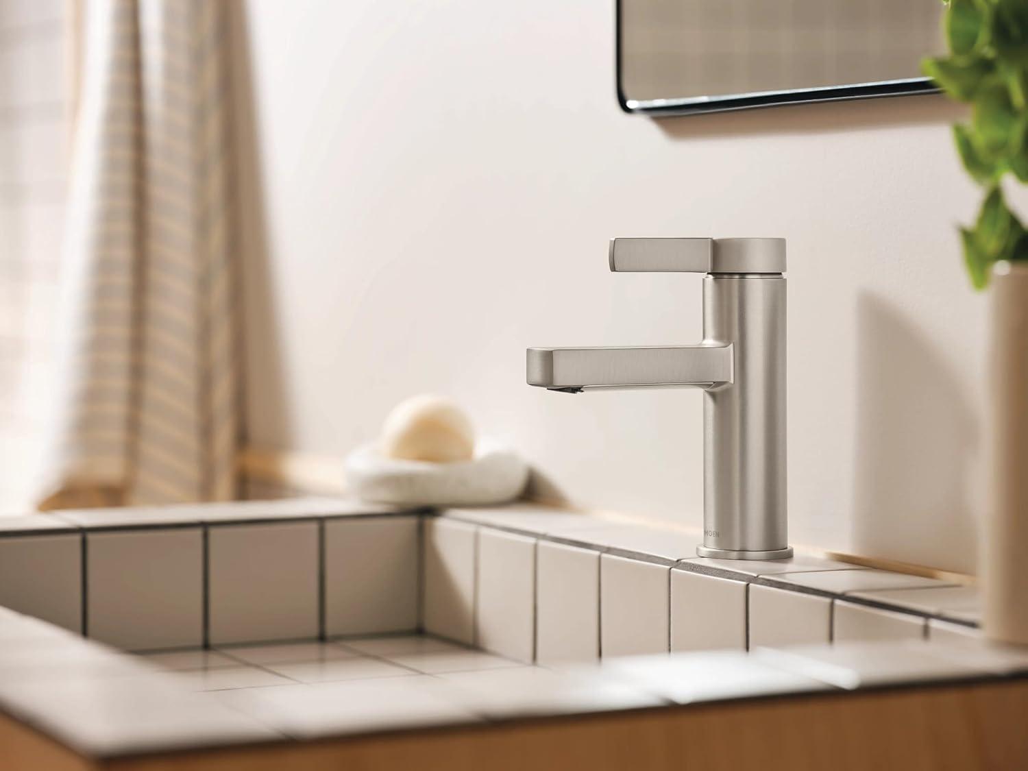 image:imageMoen Beric Matte Black Modern OneHandle Single Hole Bathroom Faucet with Drain Assembly and Optional Deckplate for Your Bath Sink 84774BLSpot Resist Nickel