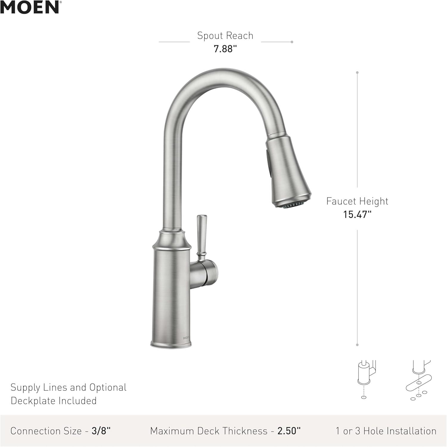 image:imageMoen Conneaut One Handle Pulldown Kitchen Sink Faucet with Reflex Docking and Power Clean Spot Resist Stainless 87801SRSFaucet only