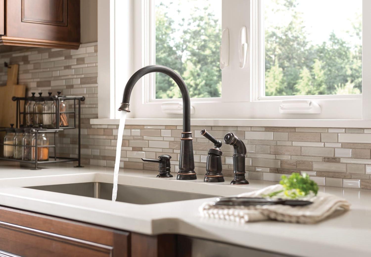image:imageMoen Edison Spot Resist Stainless OneHandle High Arc 4hole Kitchen Faucet with Side Sprayer and Soap Dispenser 87042SRSMediterranean Bronze