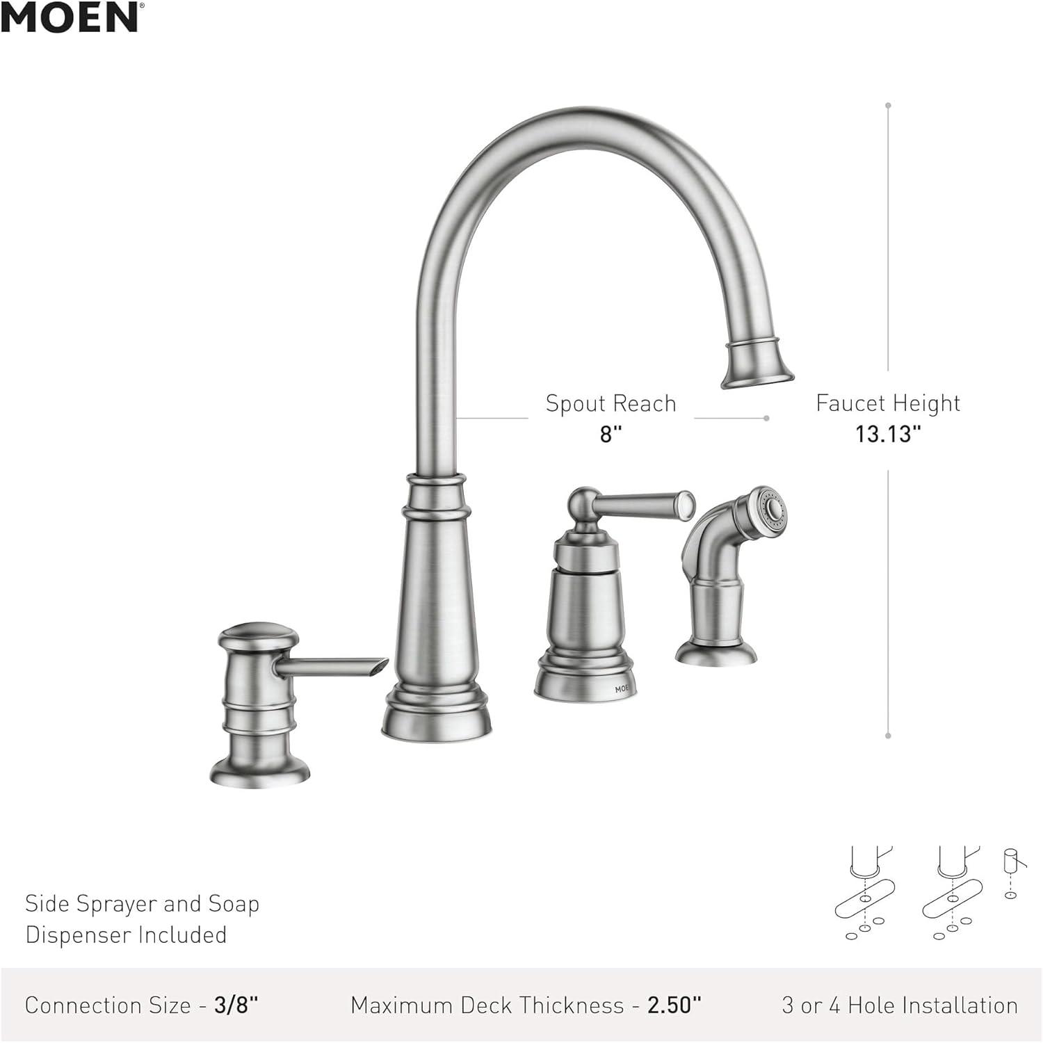 image:imageMoen Edison Spot Resist Stainless OneHandle High Arc 4hole Kitchen Faucet with Side Sprayer and Soap Dispenser 87042SRSMediterranean Bronze