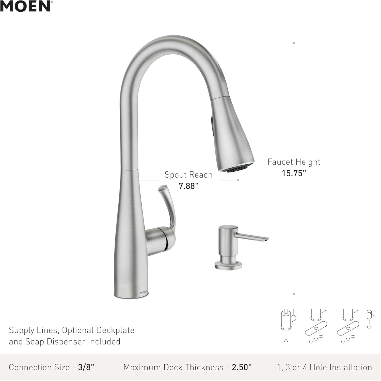 image:imageMoen Essie Spot Resist Stainless MotionSense Wave OneHandle Touchless Kitchen Faucet with Pulldown Sprayer and Soap Dispenser 87014EWSRSChrome