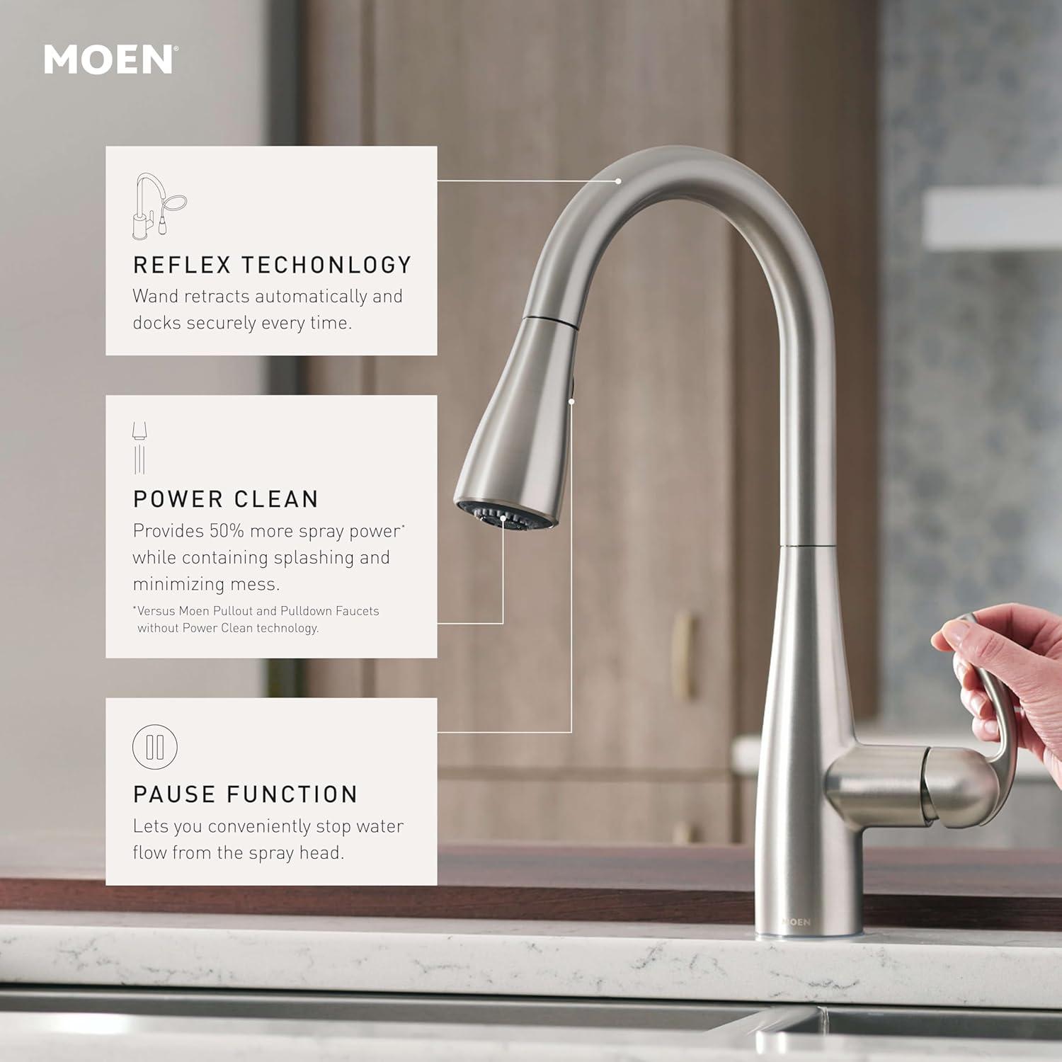 image:imageMoen Essie Spot Resist Stainless MotionSense Wave OneHandle Touchless Kitchen Faucet with Pulldown Sprayer and Soap Dispenser 87014EWSRSChrome
