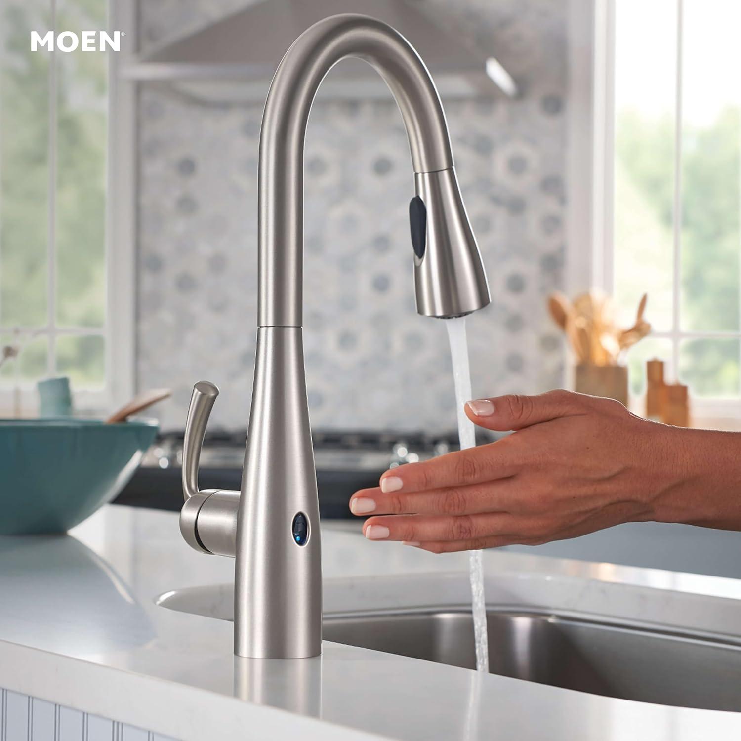 image:imageMoen Essie Spot Resist Stainless MotionSense Wave OneHandle Touchless Kitchen Faucet with Pulldown Sprayer and Soap Dispenser 87014EWSRSSpot Resist Stainless