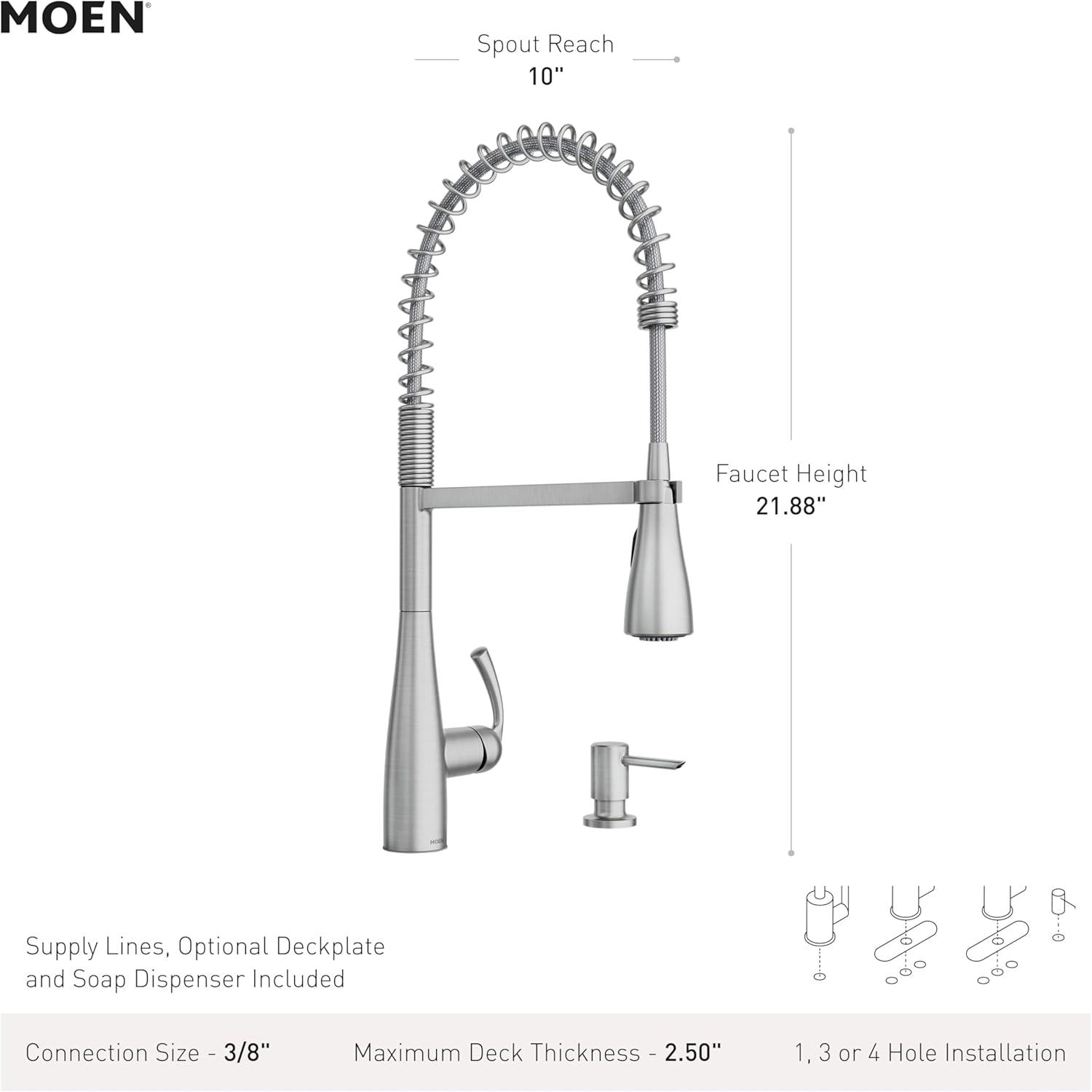image:imageMoen Essie Spot Resist Stainless OneHandle High Arc PreRinse Spring Pulldown Kitchen Faucet with Power Clean and Soap Dispenser 87814SRSChrome