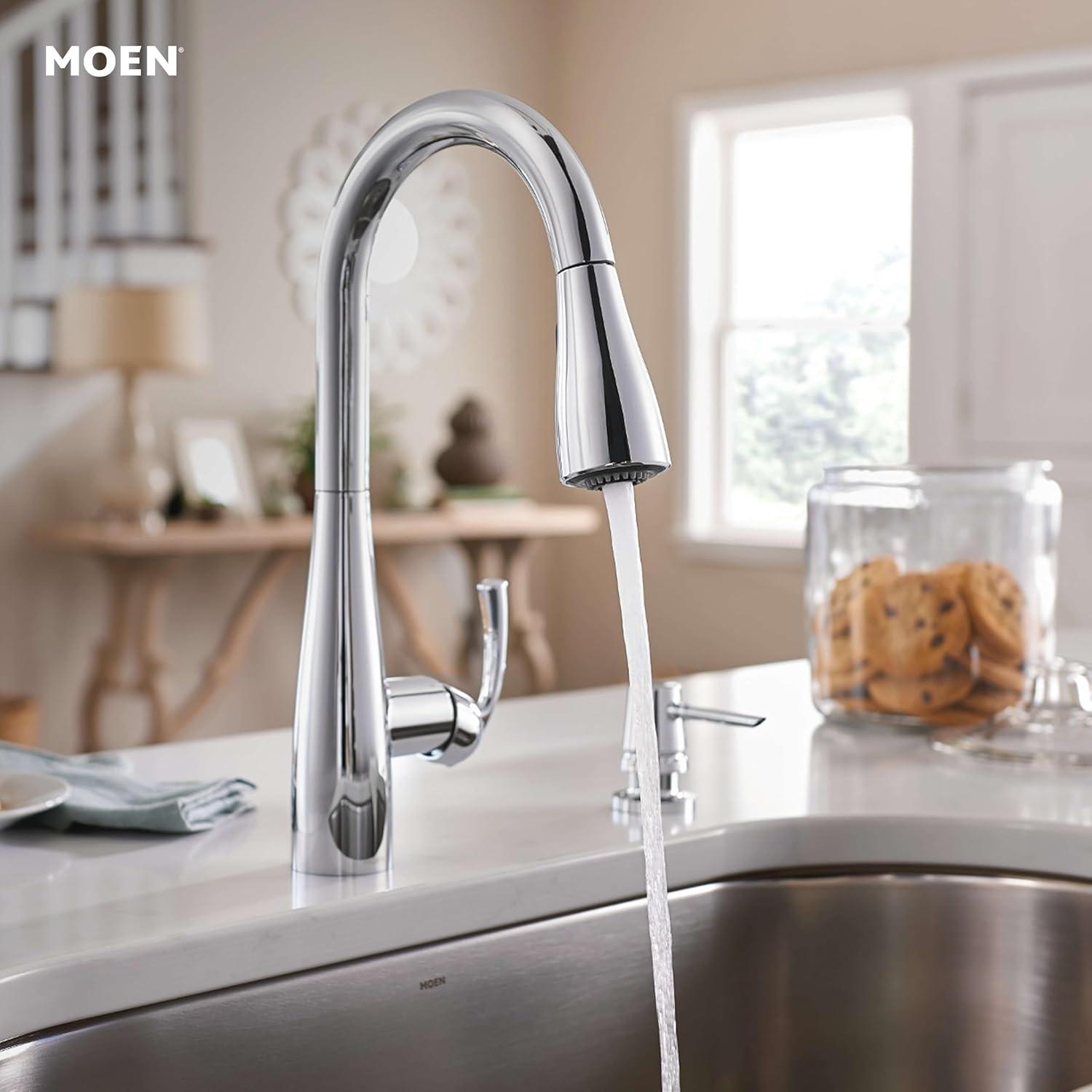 image:imageMoen Essie Spot Resist Stainless OneHandle High Arc PreRinse Spring Pulldown Kitchen Faucet with Power Clean and Soap Dispenser 87814SRSChrome