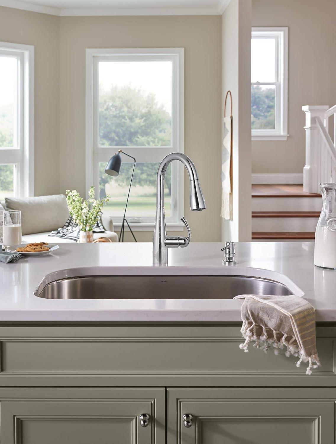 image:imageMoen Essie Spot Resist Stainless OneHandle High Arc PreRinse Spring Pulldown Kitchen Faucet with Power Clean and Soap Dispenser 87814SRSChrome