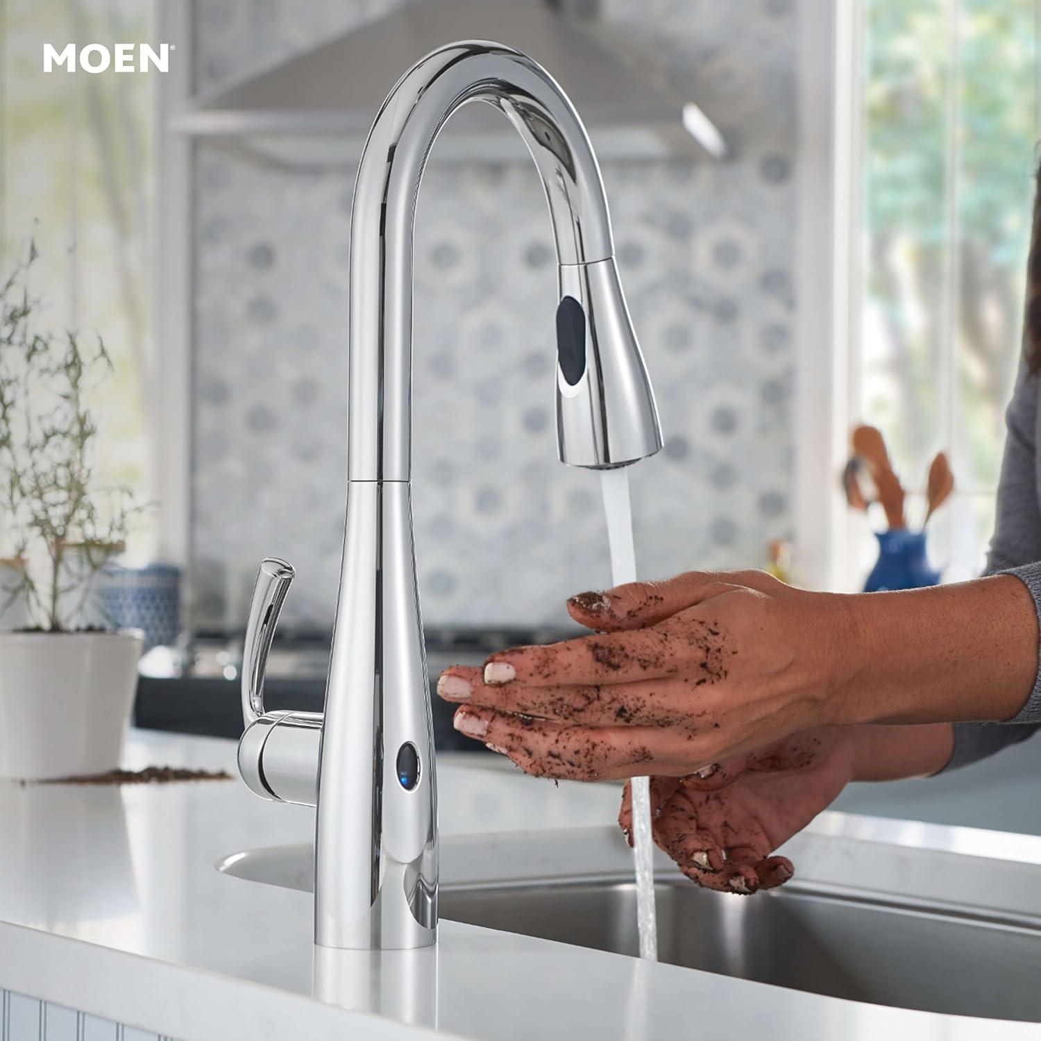 image:imageMoen Essie Spot Resist Stainless OneHandle High Arc PreRinse Spring Pulldown Kitchen Faucet with Power Clean and Soap Dispenser 87814SRSChrome