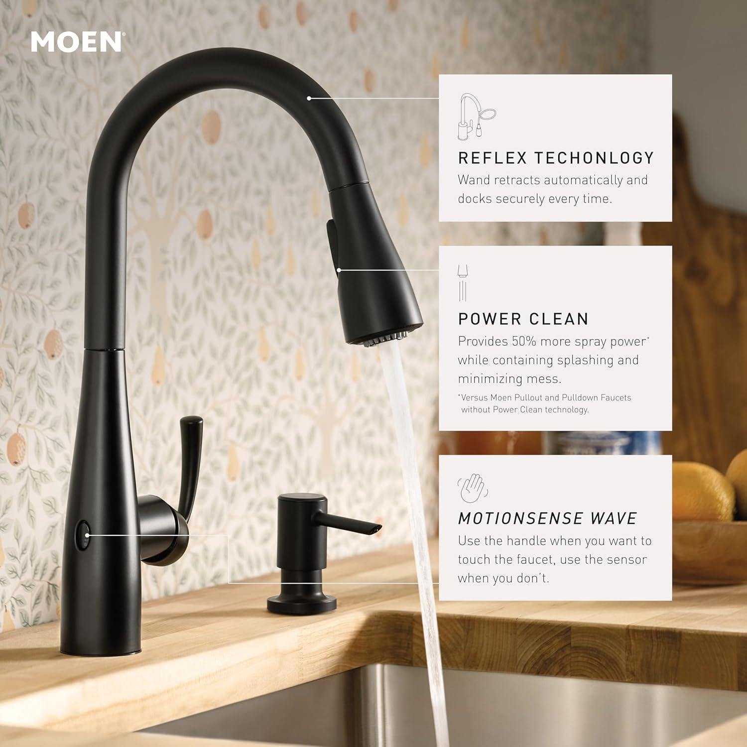image:imageMoen Essie Spot Resist Stainless OneHandle High Arc PreRinse Spring Pulldown Kitchen Faucet with Power Clean and Soap Dispenser 87814SRSMatte Black