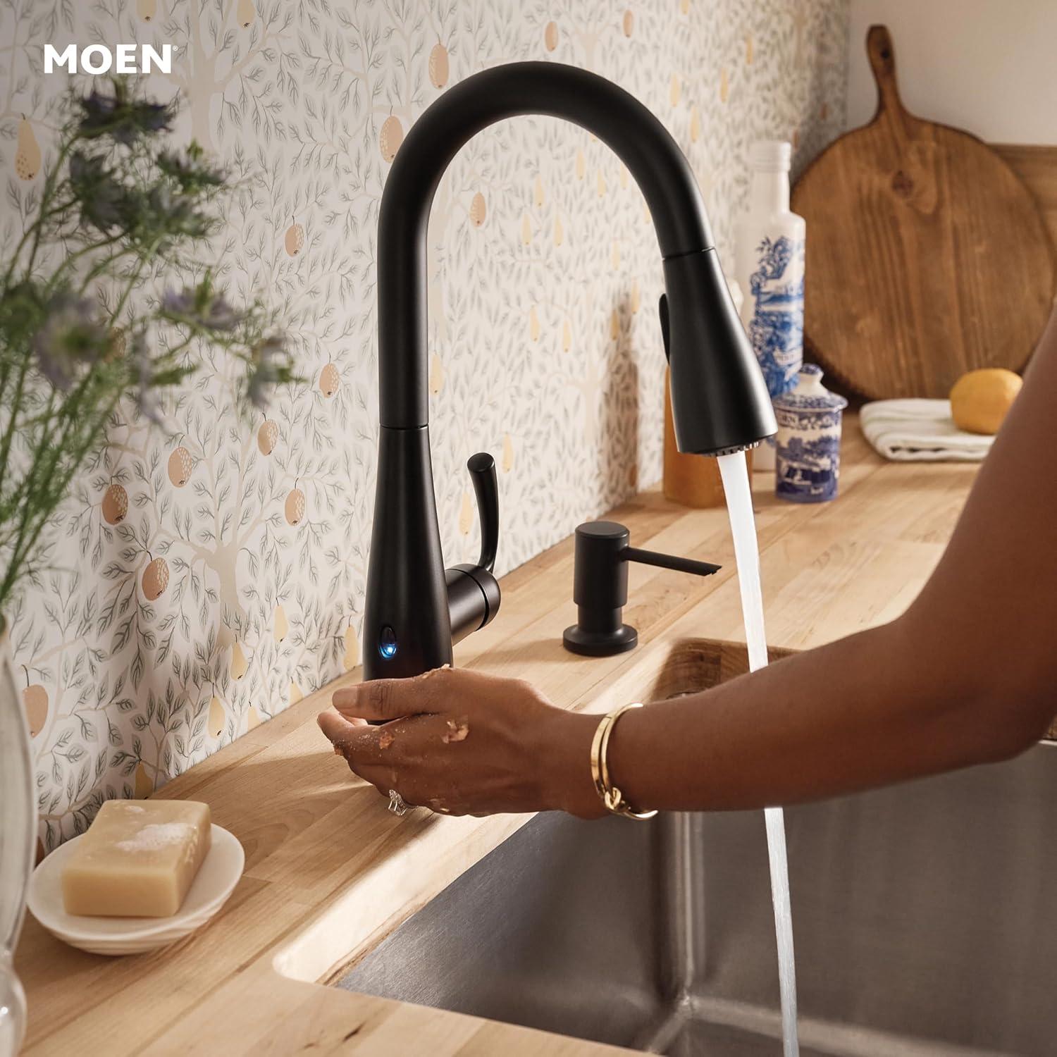 image:imageMoen Essie Spot Resist Stainless OneHandle High Arc PreRinse Spring Pulldown Kitchen Faucet with Power Clean and Soap Dispenser 87814SRSMatte Black