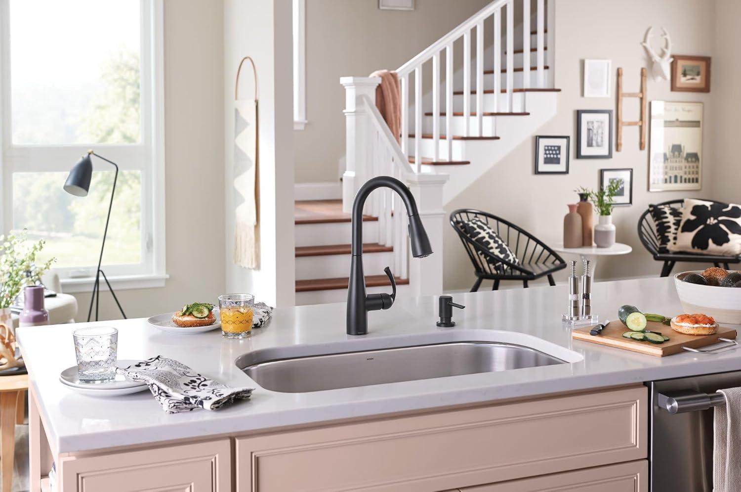 image:imageMoen Essie Spot Resist Stainless OneHandle High Arc PreRinse Spring Pulldown Kitchen Faucet with Power Clean and Soap Dispenser 87814SRSMatte Black
