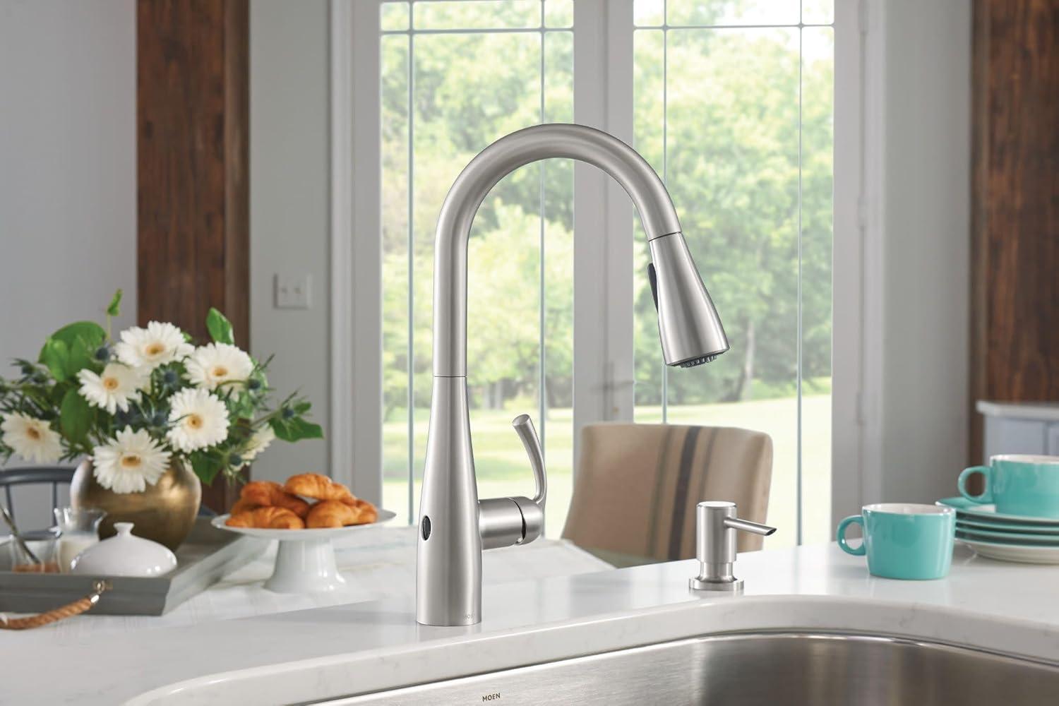 image:imageMoen Essie Spot Resist Stainless OneHandle High Arc PreRinse Spring Pulldown Kitchen Faucet with Power Clean and Soap Dispenser 87814SRSSpot Resist Stainless