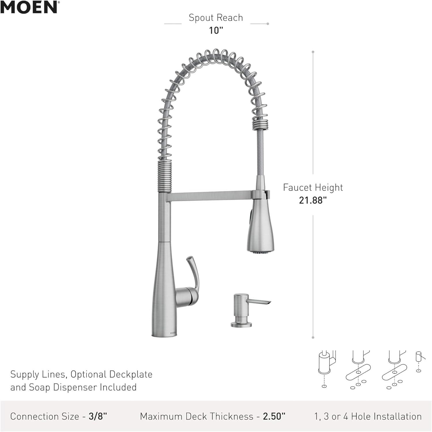 image:imageMoen Essie Spot Resist Stainless OneHandle High Arc PreRinse Spring Pulldown Kitchen Faucet with Power Clean and Soap Dispenser 87814SRSSpot Resist Stainless