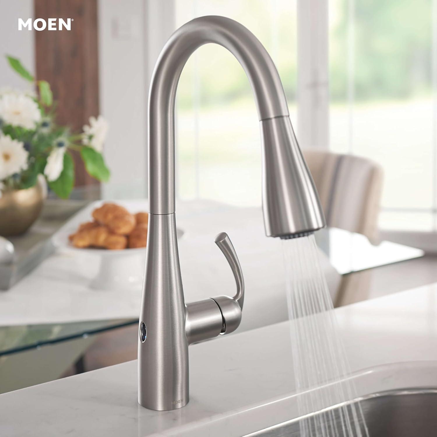 image:imageMoen Essie Spot Resist Stainless OneHandle High Arc PreRinse Spring Pulldown Kitchen Faucet with Power Clean and Soap Dispenser 87814SRSSpot Resist Stainless