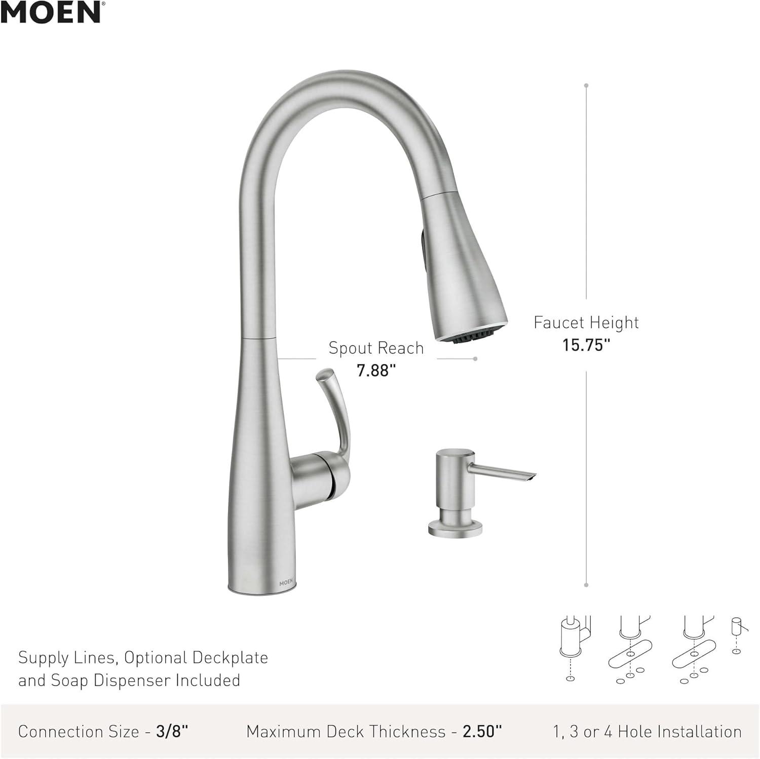 image:imageMoen Essie Spot Resist Stainless OneHandle High Arc PreRinse Spring Pulldown Kitchen Faucet with Power Clean and Soap Dispenser 87814SRSSpot Resist Stainless