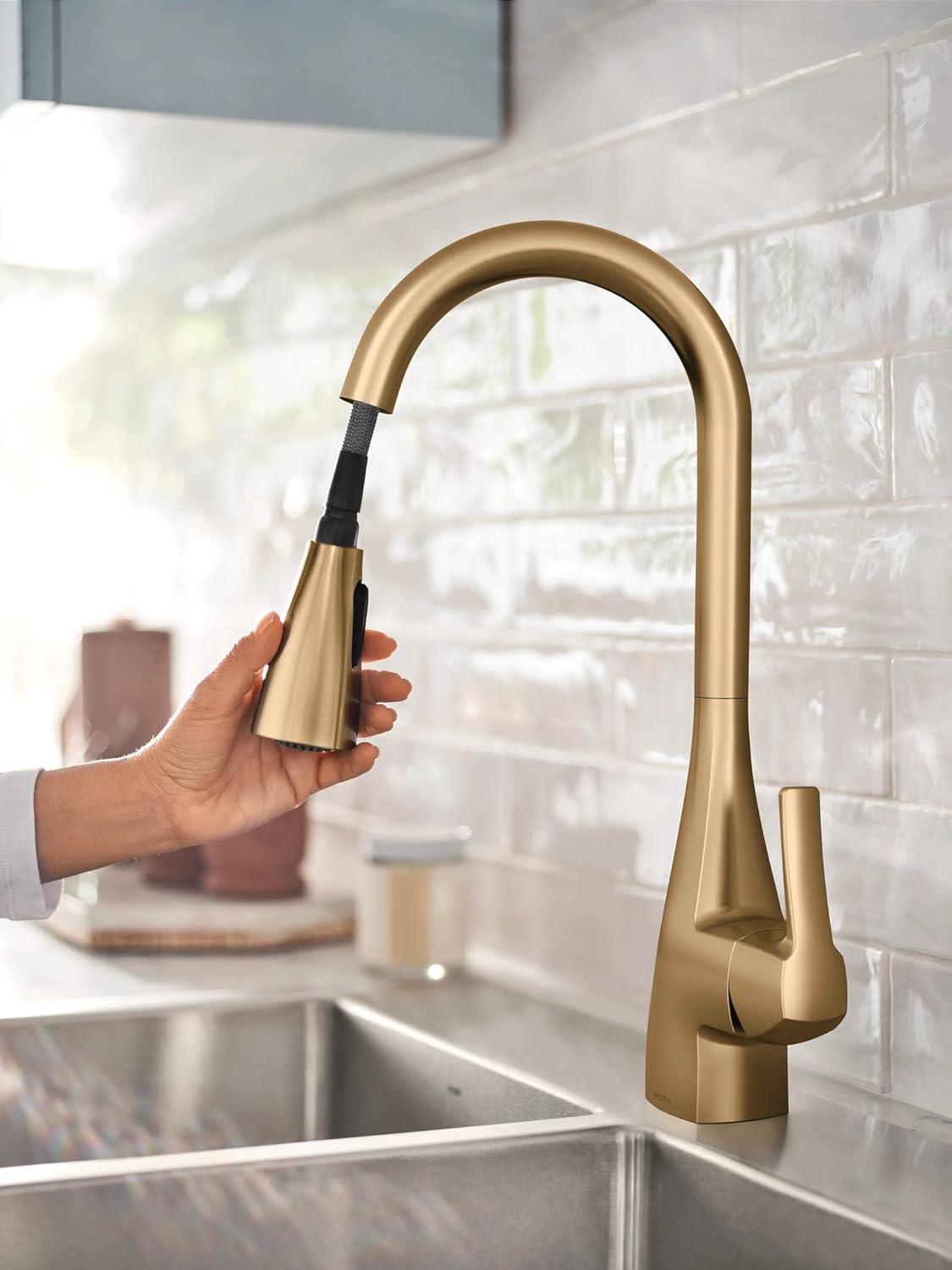 image:imageMoen Kiran Spot Resist Stainless OneHandle High Arc Pulldown Kitchen Faucet with Power Clean 87599SRSBronzed Gold
