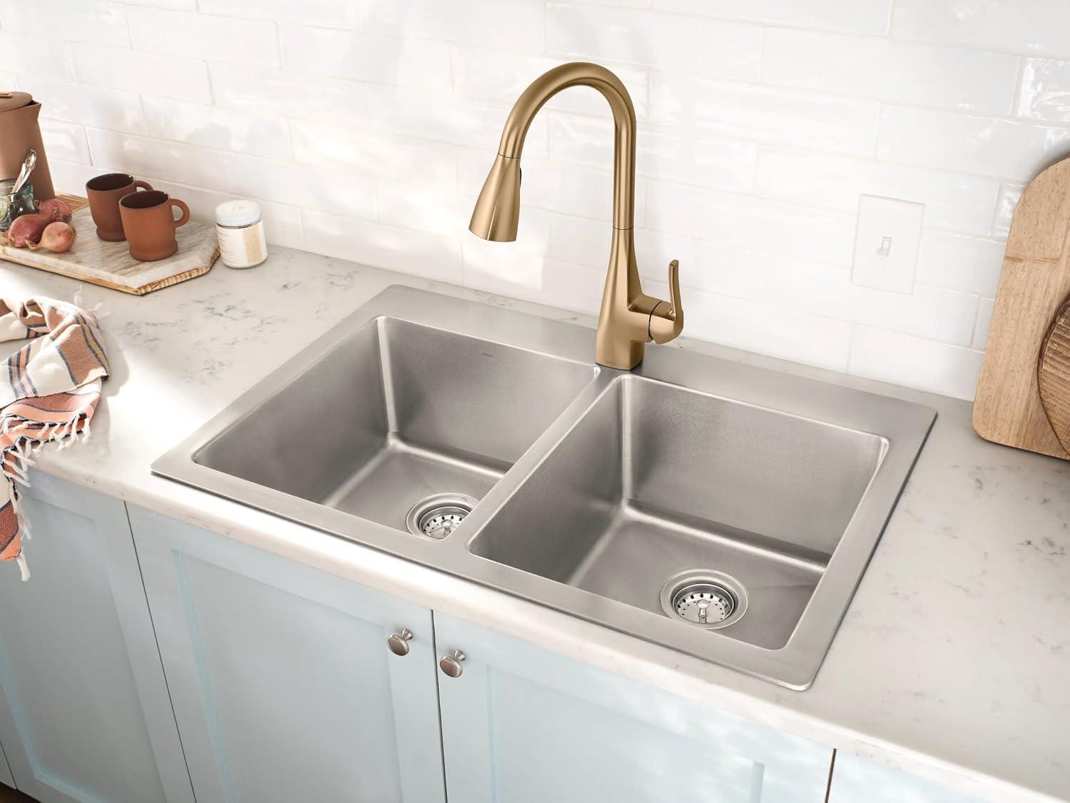 image:imageMoen Kiran Spot Resist Stainless OneHandle High Arc Pulldown Kitchen Faucet with Power Clean 87599SRSBronzed Gold
