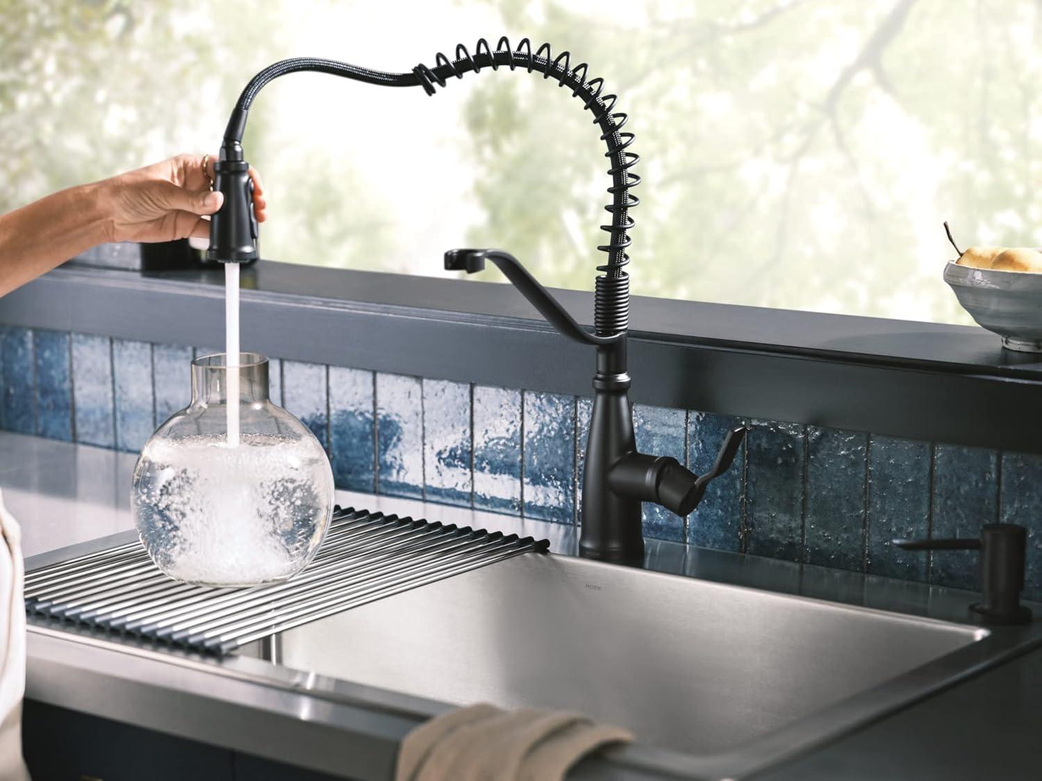 image:imageMoen Nolia Bronzed Gold OneHandle Single Hole Spring Kitchen Faucet with Pull Down Sprayer and Soap Dispenser 87886BZGMatte Black