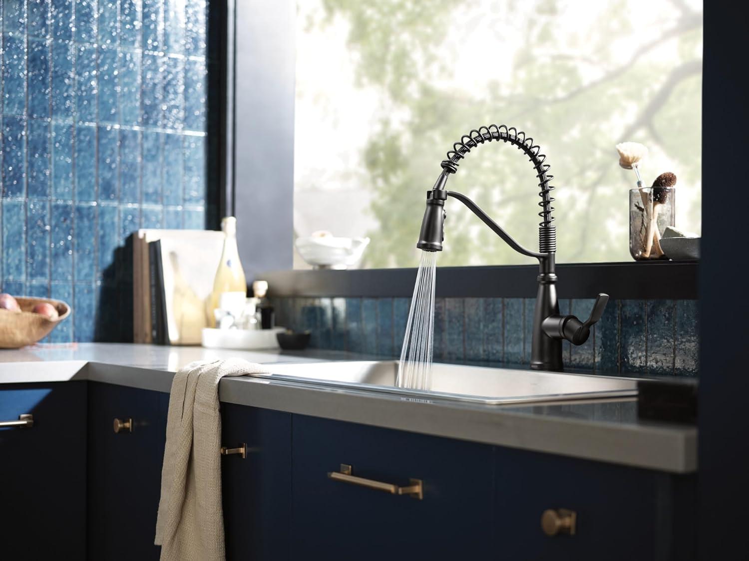 image:imageMoen Nolia Bronzed Gold OneHandle Single Hole Spring Kitchen Faucet with Pull Down Sprayer and Soap Dispenser 87886BZGMatte Black