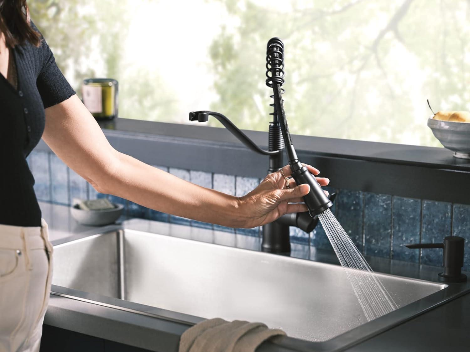 image:imageMoen Nolia Bronzed Gold OneHandle Single Hole Spring Kitchen Faucet with Pull Down Sprayer and Soap Dispenser 87886BZGMatte Black