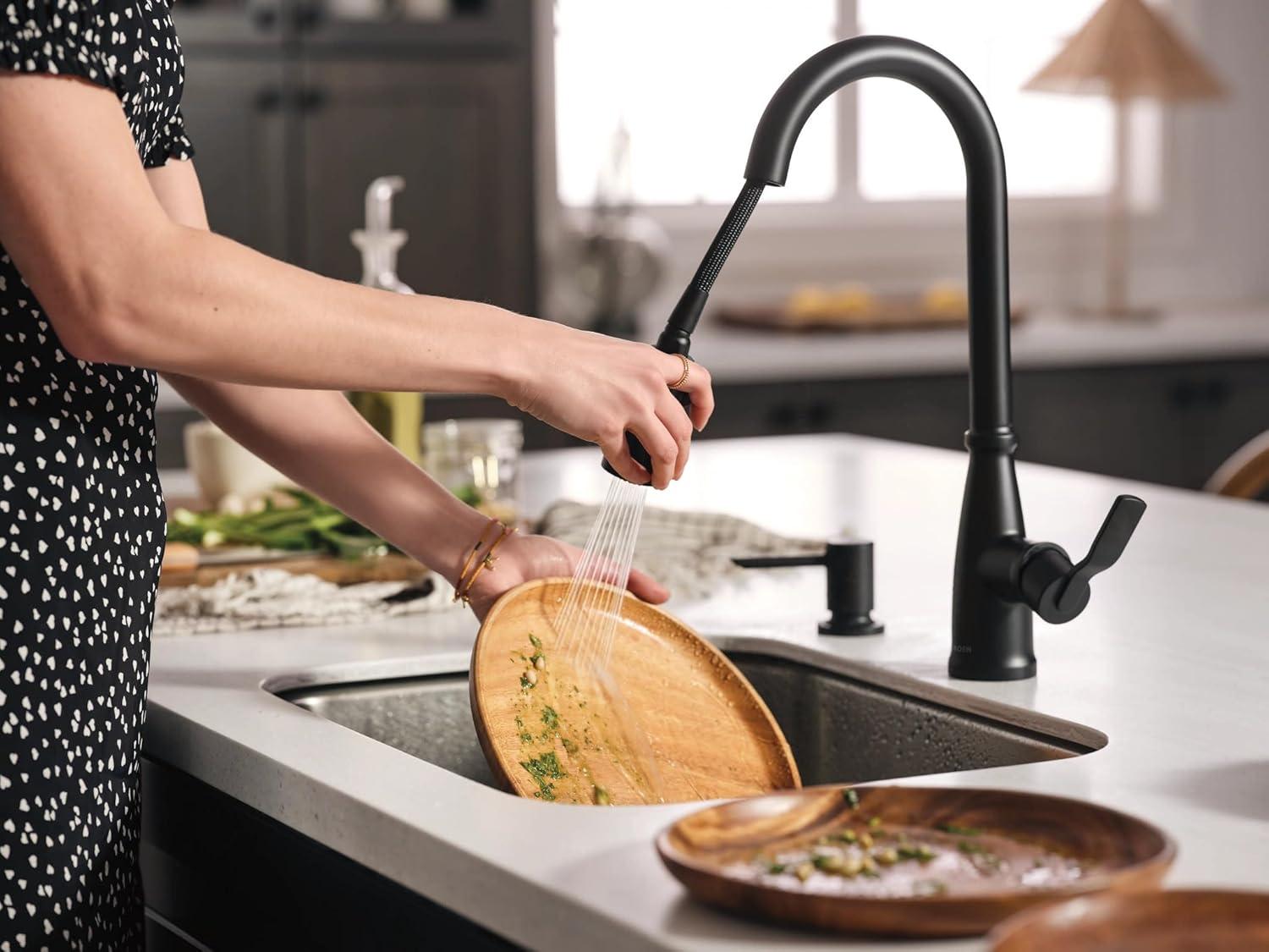 image:imageMoen Nolia Bronzed Gold OneHandle Single Hole Spring Kitchen Faucet with Pull Down Sprayer and Soap Dispenser 87886BZGMatte Black