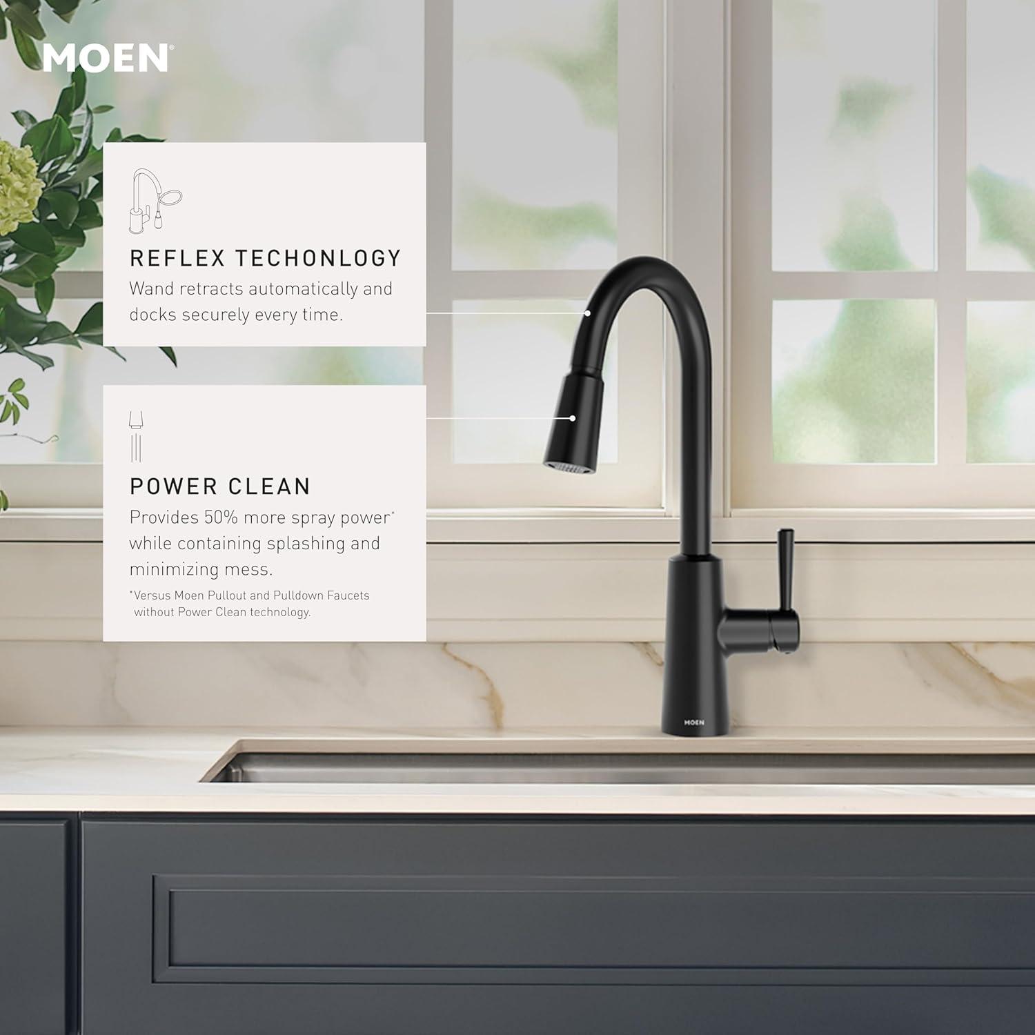 image:imageMoen Riley Matte Black Motionsense Wave Sensor Touchless One Handle Pulldown Kitchen Faucet Featuring Power Clean 7402EWBLChrome