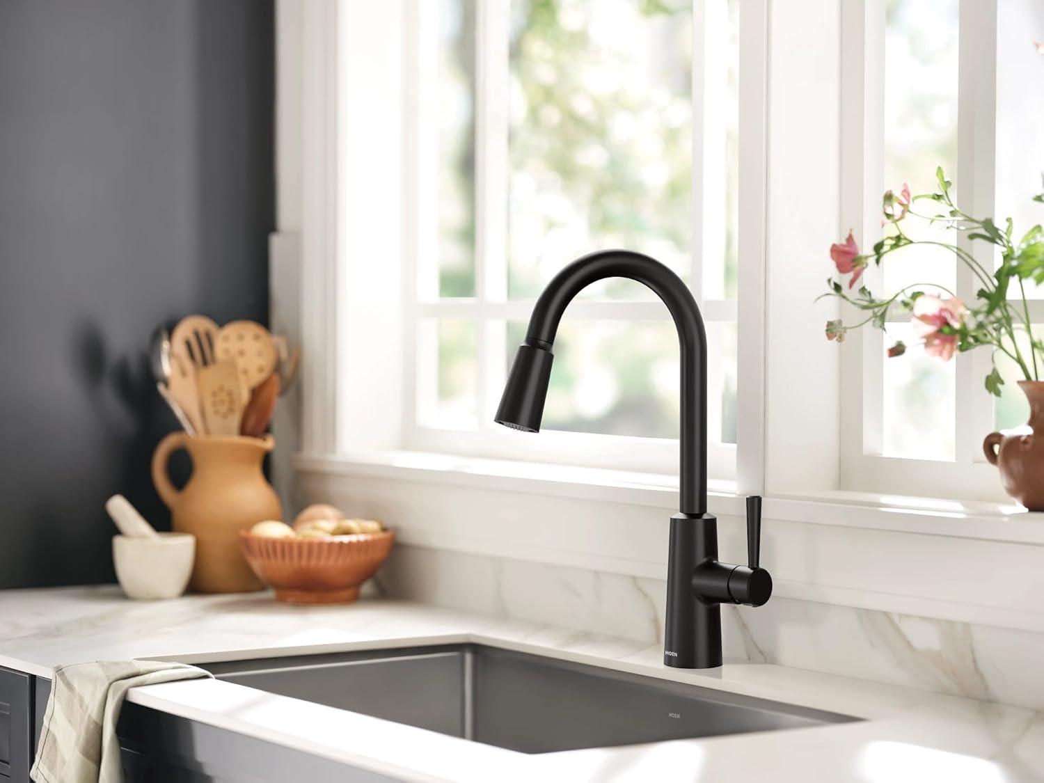 image:imageMoen Riley Matte Black Motionsense Wave Sensor Touchless One Handle Pulldown Kitchen Faucet Featuring Power Clean 7402EWBLMatte Black