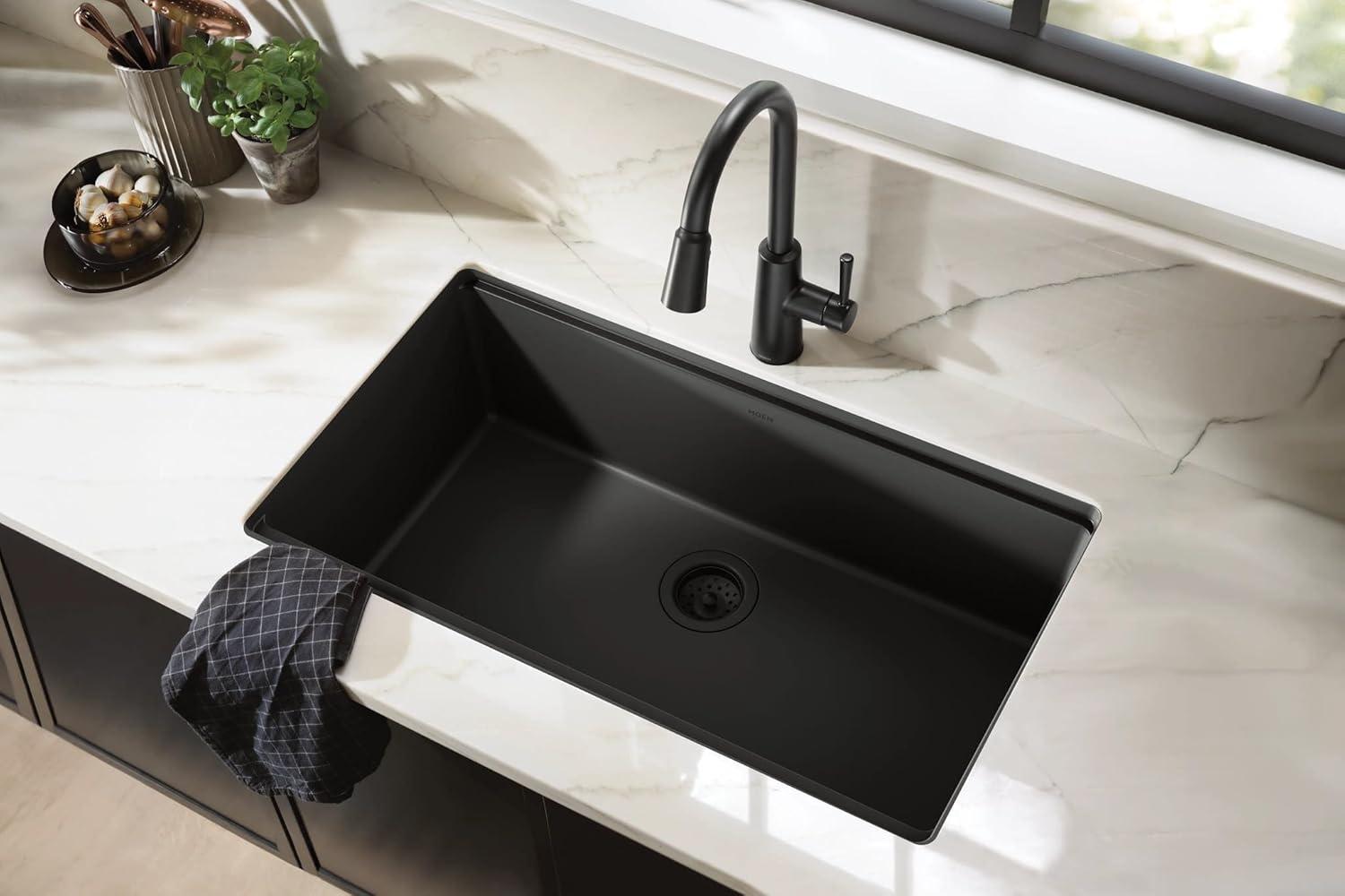 image:imageMoen Riley Matte Black Motionsense Wave Sensor Touchless One Handle Pulldown Kitchen Faucet Featuring Power Clean 7402EWBLMatte Black