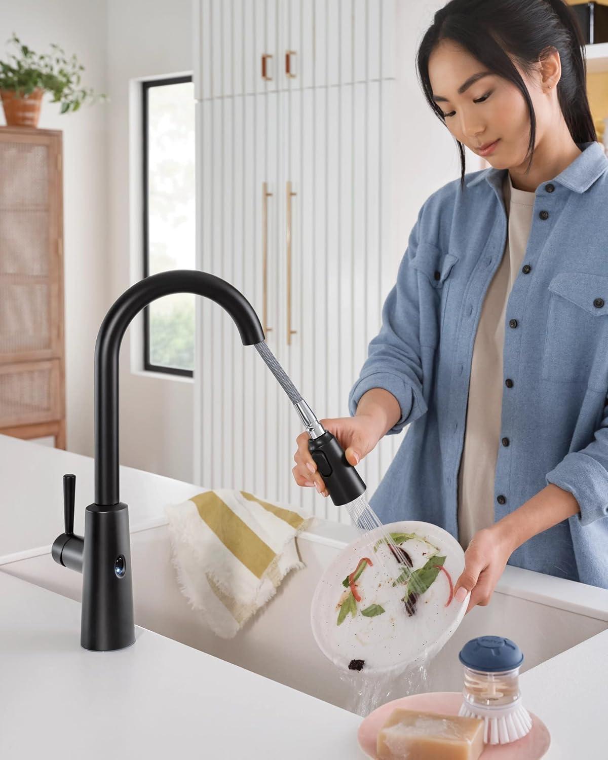 image:imageMoen Riley Matte Black Motionsense Wave Sensor Touchless One Handle Pulldown Kitchen Faucet Featuring Power Clean 7402EWBLMatte Black