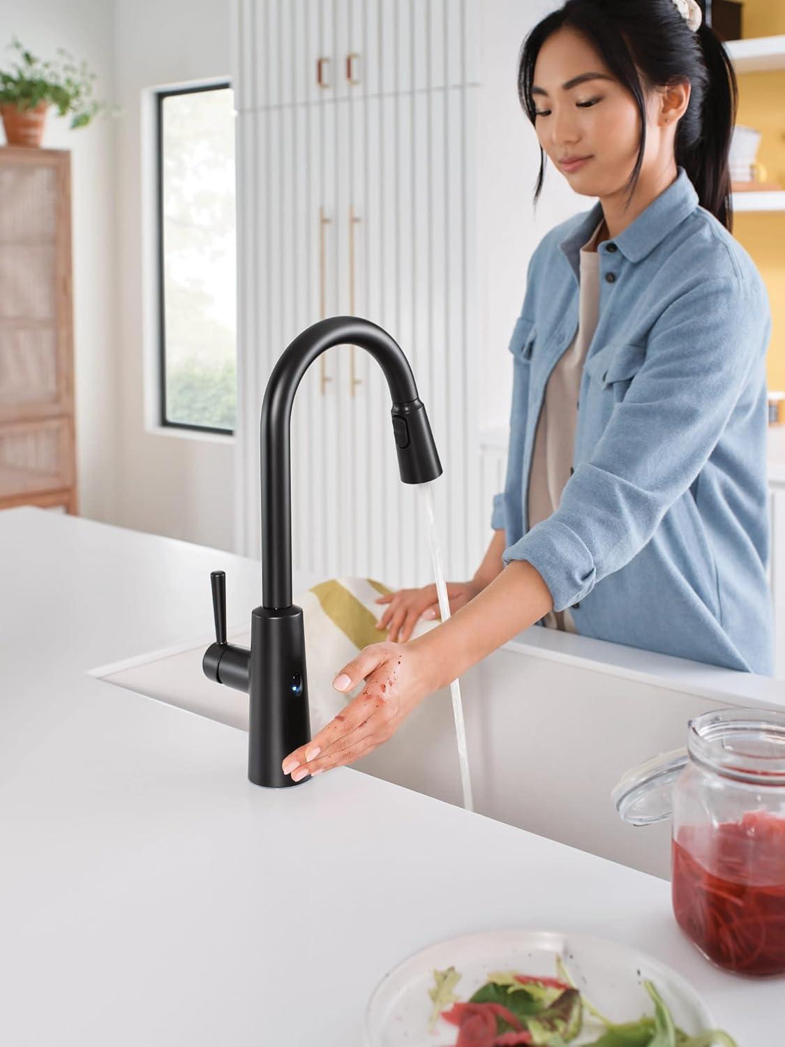 image:imageMoen Riley Matte Black Motionsense Wave Sensor Touchless One Handle Pulldown Kitchen Faucet Featuring Power Clean 7402EWBLMatte Black