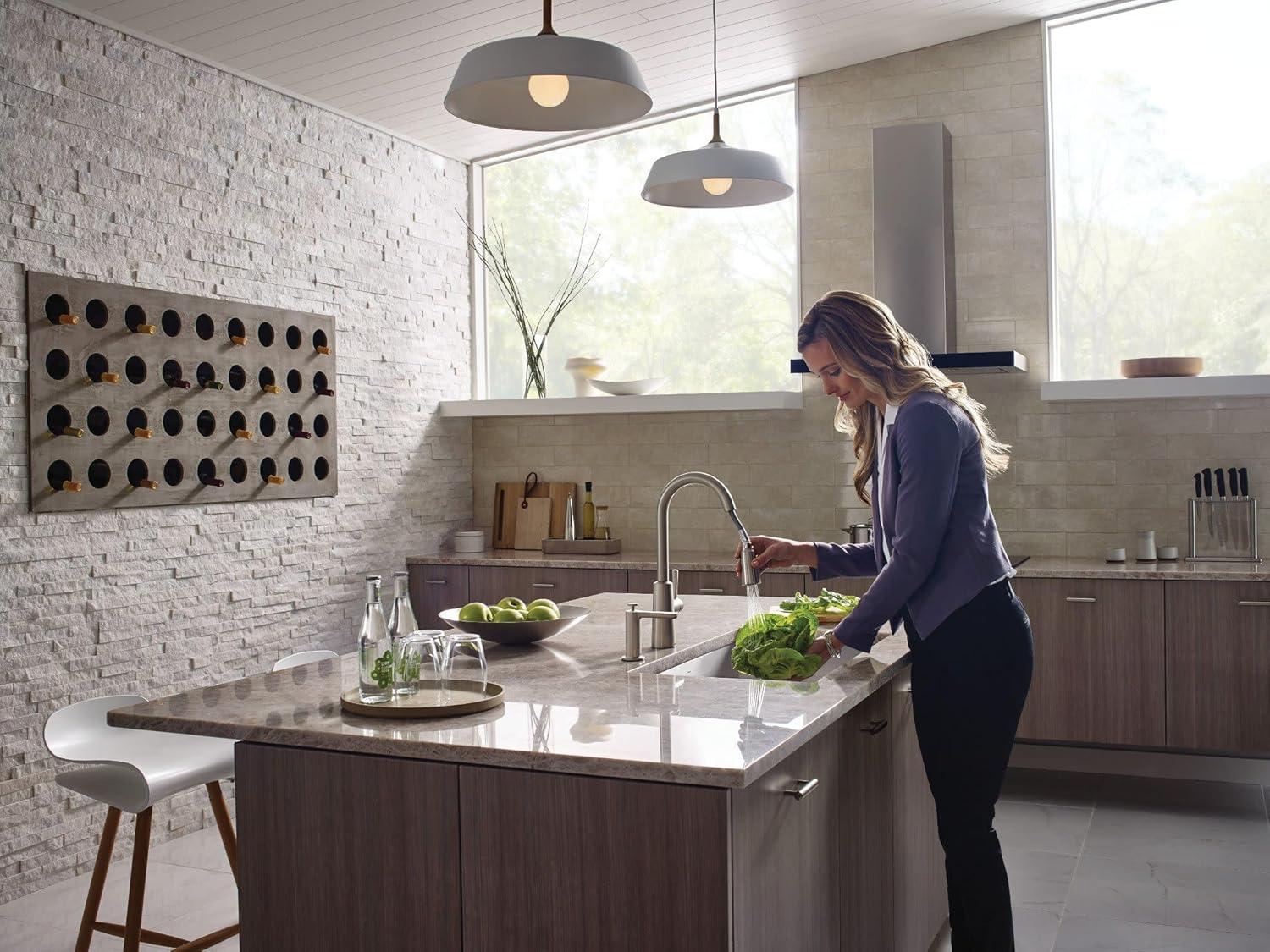 image:imageMoen Riley Matte Black Motionsense Wave Sensor Touchless One Handle Pulldown Kitchen Faucet Featuring Power Clean 7402EWBLSpot Resist Stainless