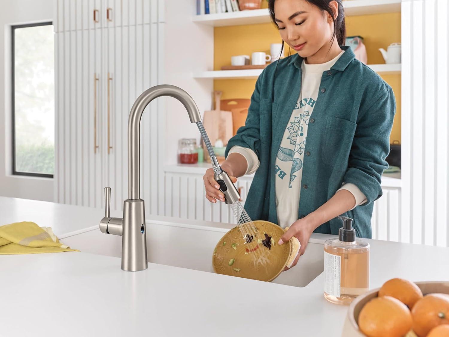 image:imageMoen Riley Matte Black Motionsense Wave Sensor Touchless One Handle Pulldown Kitchen Faucet Featuring Power Clean 7402EWBLSpot Resist Stainless