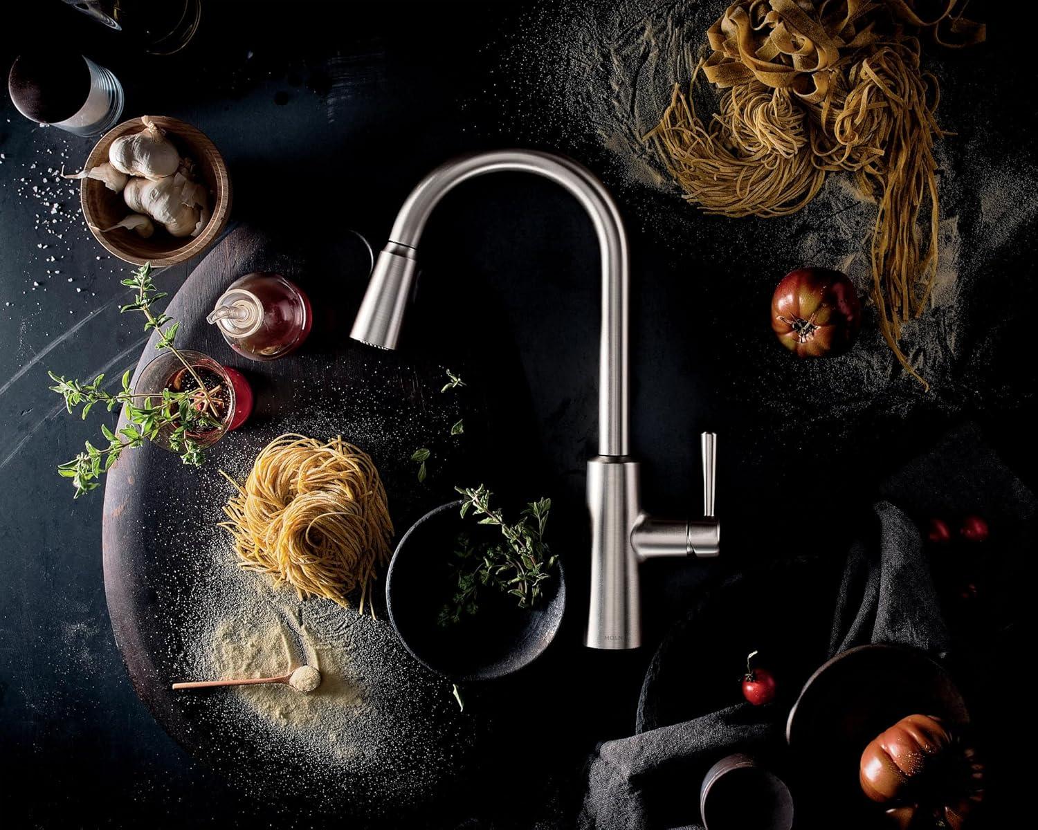 image:imageMoen Riley Matte Black Motionsense Wave Sensor Touchless One Handle Pulldown Kitchen Faucet Featuring Power Clean 7402EWBLSpot Resist Stainless