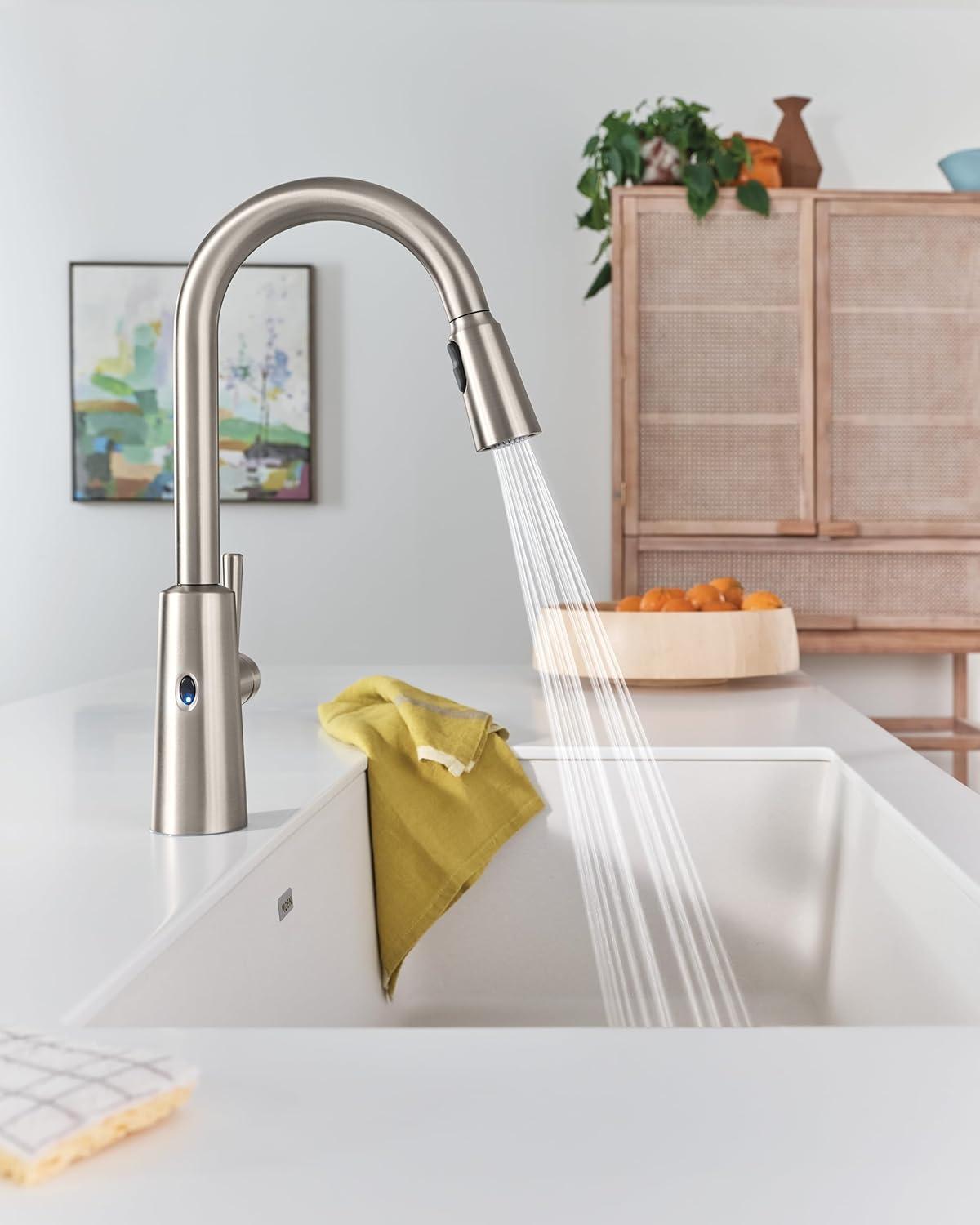 image:imageMoen Riley Matte Black Motionsense Wave Sensor Touchless One Handle Pulldown Kitchen Faucet Featuring Power Clean 7402EWBLSpot Resist Stainless