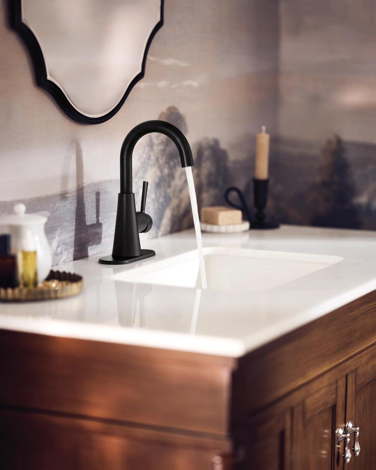 image:imageMoen Ronan Matte Black OneHandle Single Hole Modern Bathroom Sink Faucet with Optional Deckplate and Spring Loaded Drain Assembly 84021BL