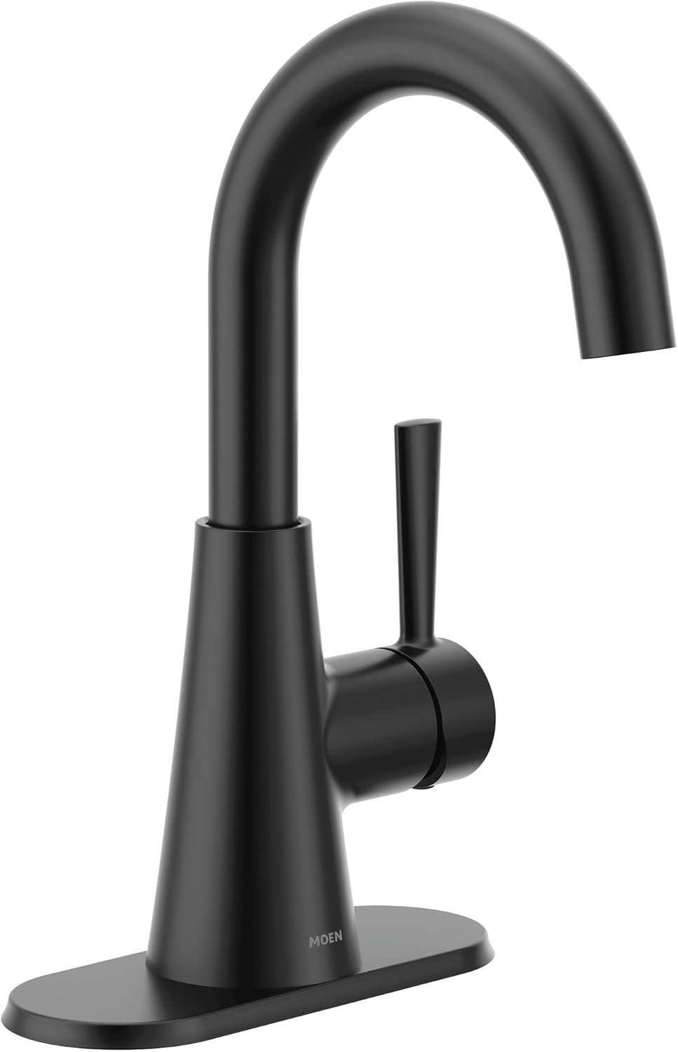 image:imageMoen Ronan Matte Black OneHandle Single Hole Modern Bathroom Sink Faucet with Optional Deckplate and Spring Loaded Drain Assembly 84021BL