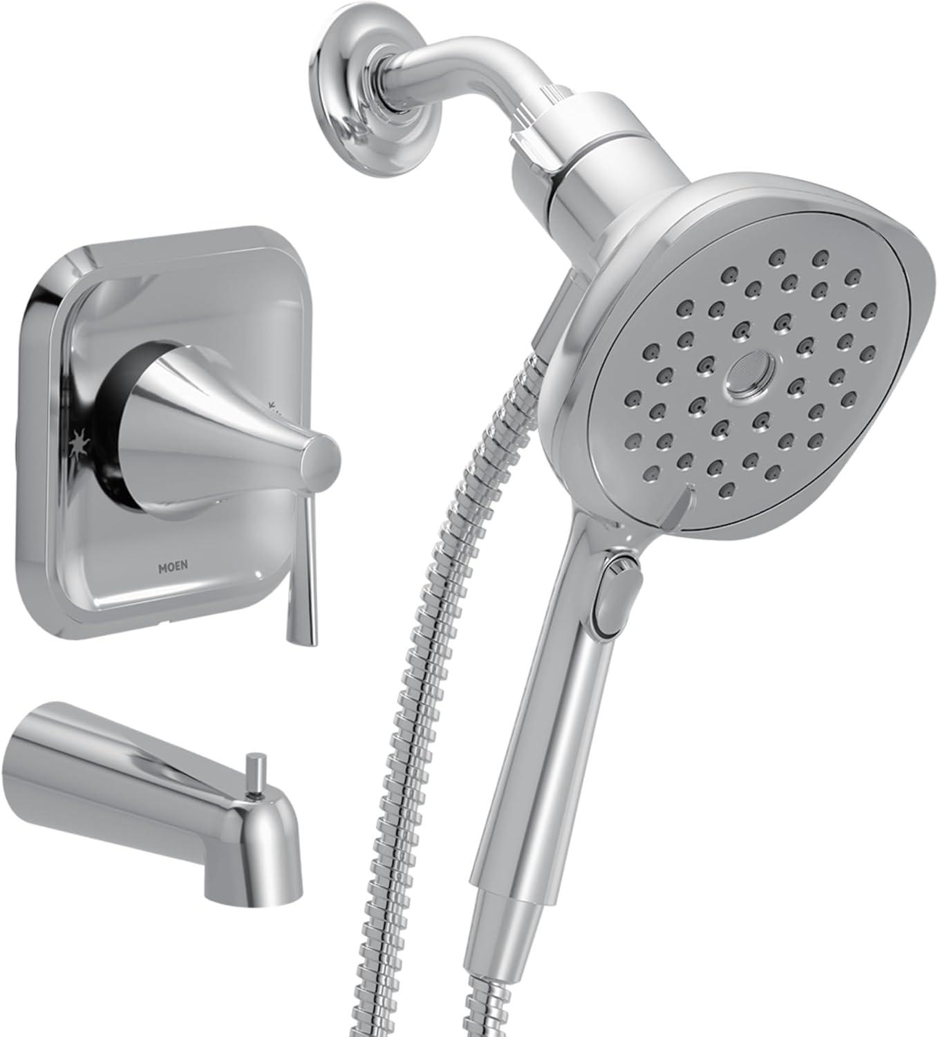 image:imageMoen Ronan Matte Black SingleHandle Modern Tub and Shower Faucet with Round Handheld Rainshower Spray Head Featuring Magnetix Valve Included 82021BLChrome