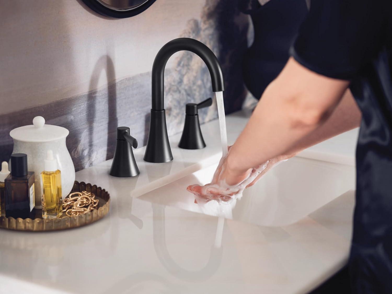 image:imageMoen Ronan Matte Black TwoHandle 4 Centerset Modern Bathroom Faucet with PushDown Drain 84022BLMatte Black