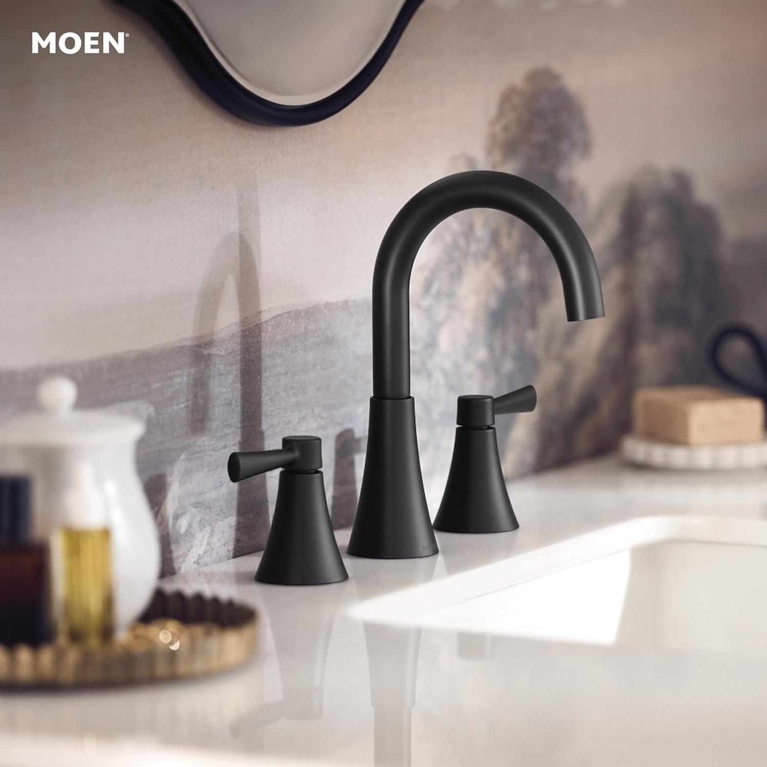 image:imageMoen Ronan Matte Black TwoHandle 4 Centerset Modern Bathroom Faucet with PushDown Drain 84022BLMatte Black