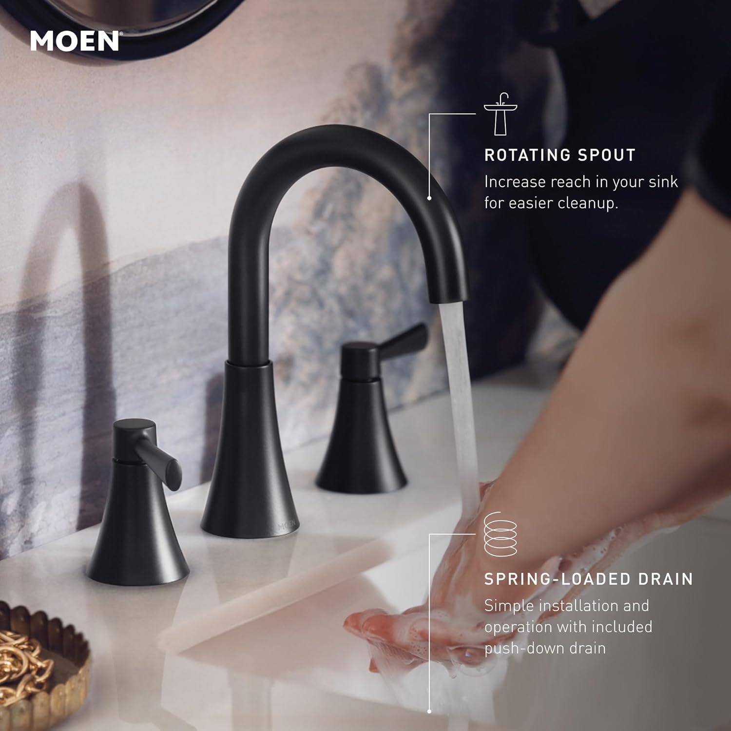 image:imageMoen Ronan Matte Black TwoHandle 4 Centerset Modern Bathroom Faucet with PushDown Drain 84022BLMatte Black