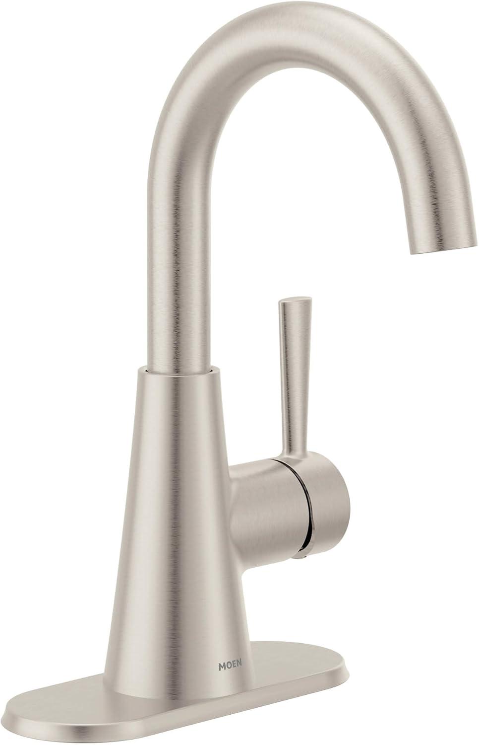 image:imageMoen Ronan Spot Resist Brushed Nickel OneHandle Single Hole Modern Bathroom Sink Faucet with Optional Deckplate and Spring Loaded Drain Assembly 84021SRN