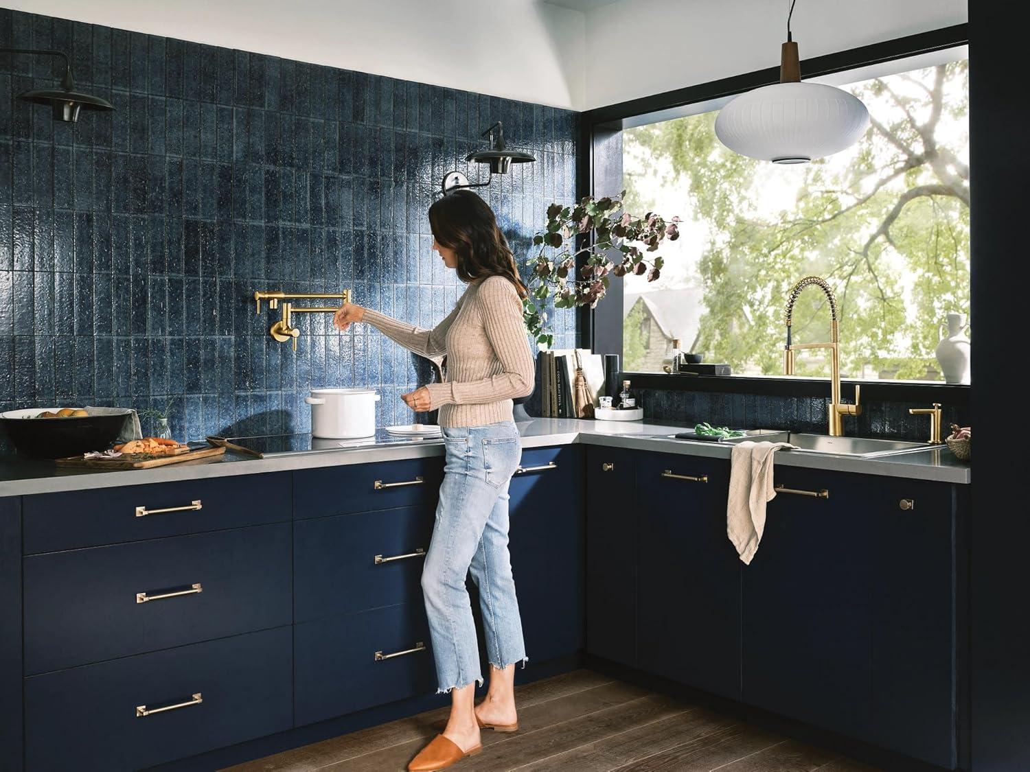 image:imageMoen S665BLS Modern Wall Mount Swing Arm Folding Pot Filler Kitchen Faucet Black StainlessBrushed Gold