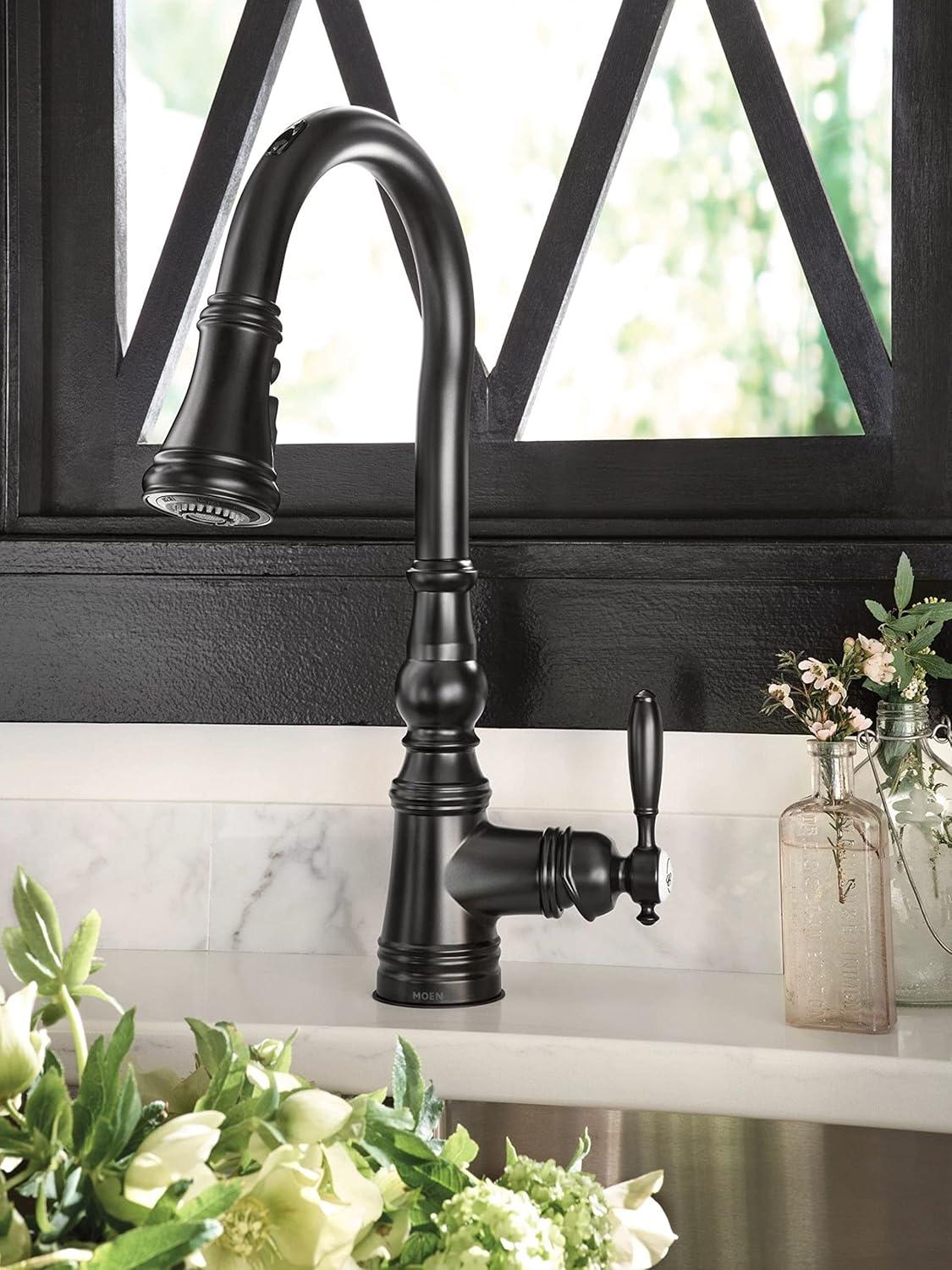 image:imageMoen S73004EVSRS Weymouth Smart Faucet Touchless Pull Down Sprayer Kitchen Faucet with Voice Control and Power Boost Spot Resist StainlessMatte Black